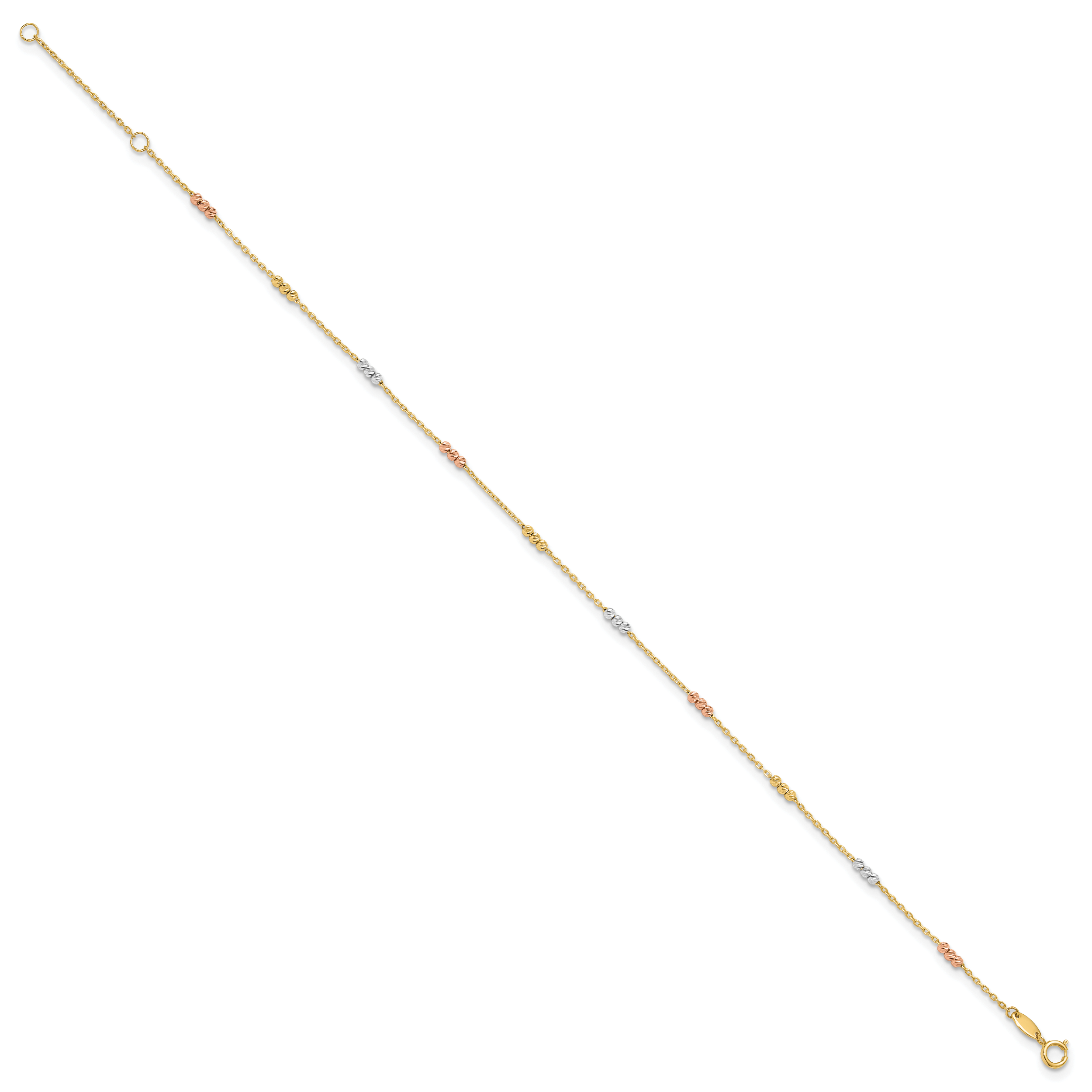 14K Tri-color Polished with Diamond Cut Beads 9in Plus 1in. ext. Anklet Secondary image