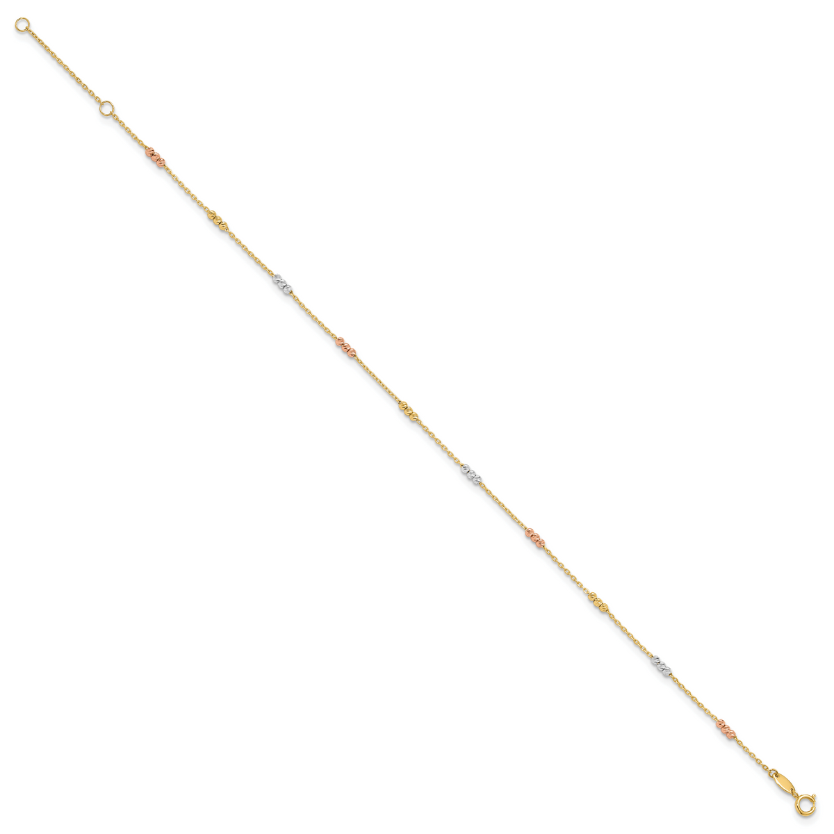 14K Tri-color Diamond-cut Beads 9 inch Plus 1 inch Extender - Total 10 inch Anklet