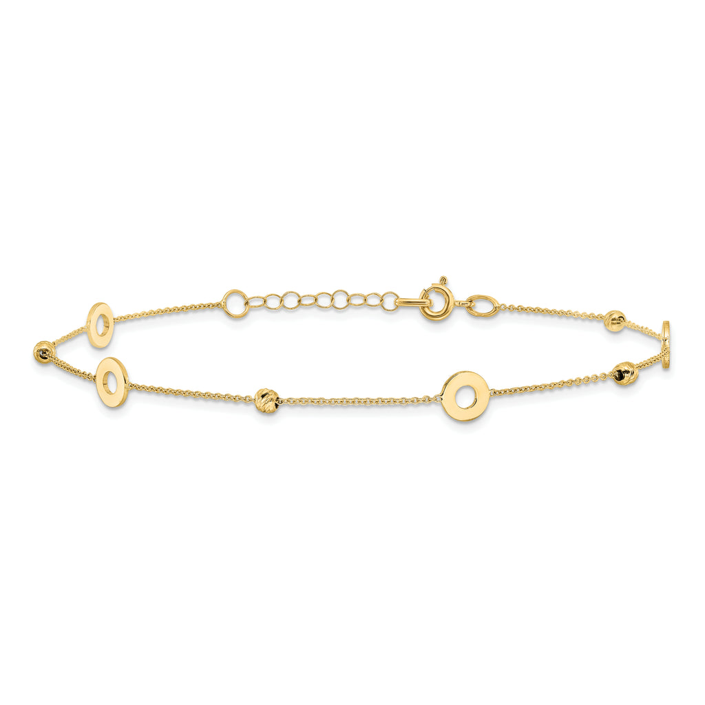 14K Circles and Beads 9 inch Plus 1 inch Extender - Total 10 inch Anklet