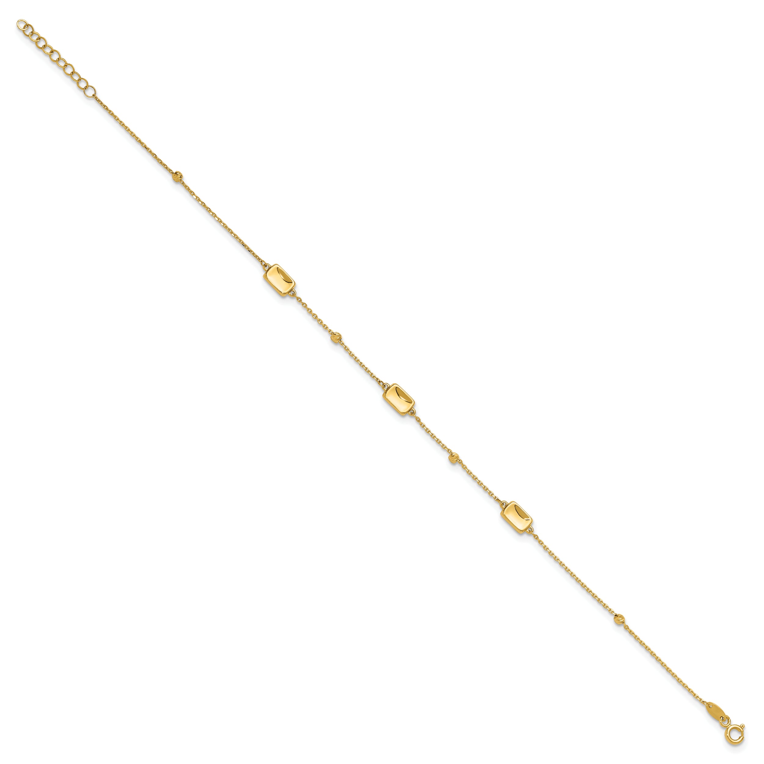 14K Rectangle and Diamond-cut Bead 9 inch Plus 1 inch Extender - Total 10 inch Anklet
