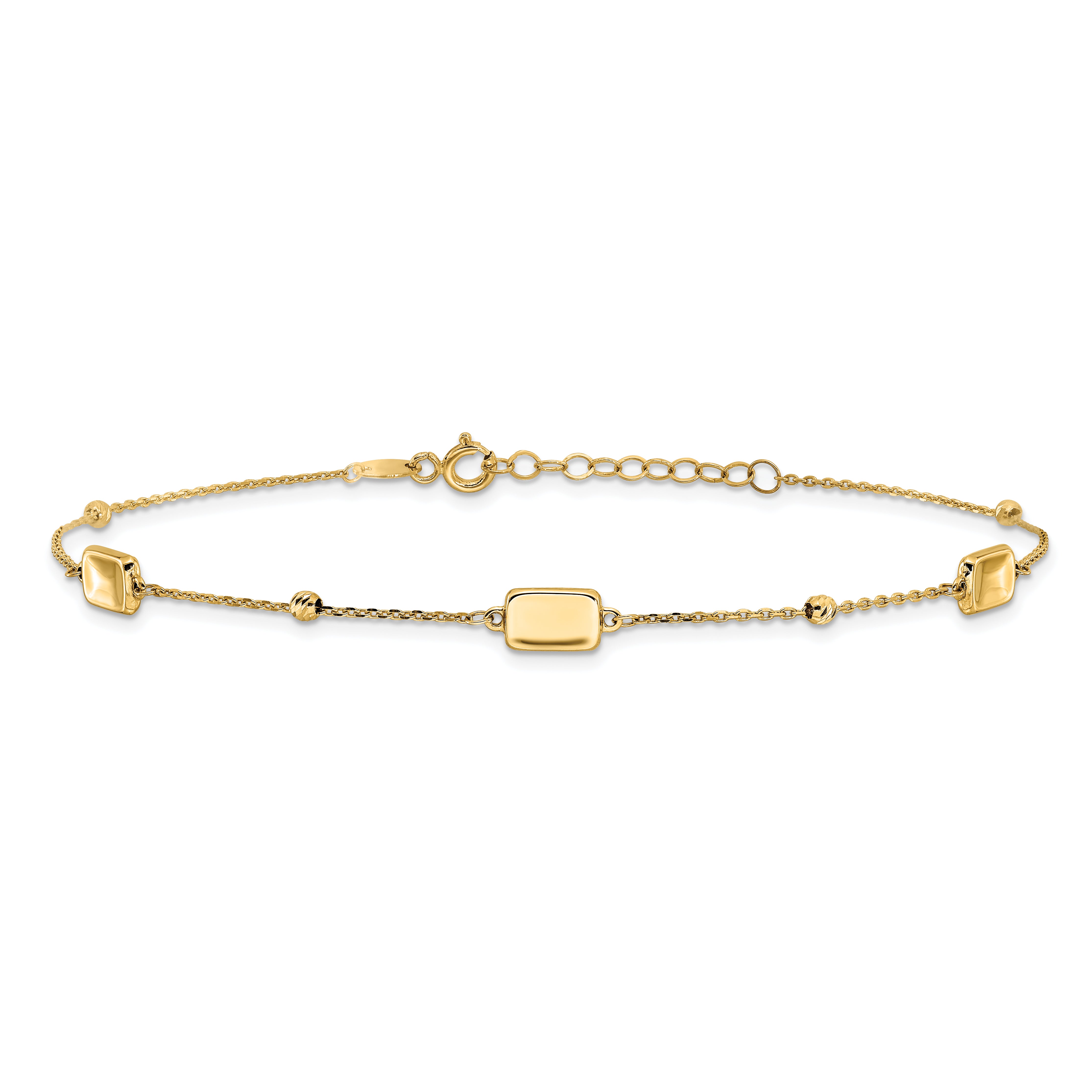 14K Rectangle and Diamond-cut Bead 9 inch Plus 1 inch Extender - Total 10 inch Anklet