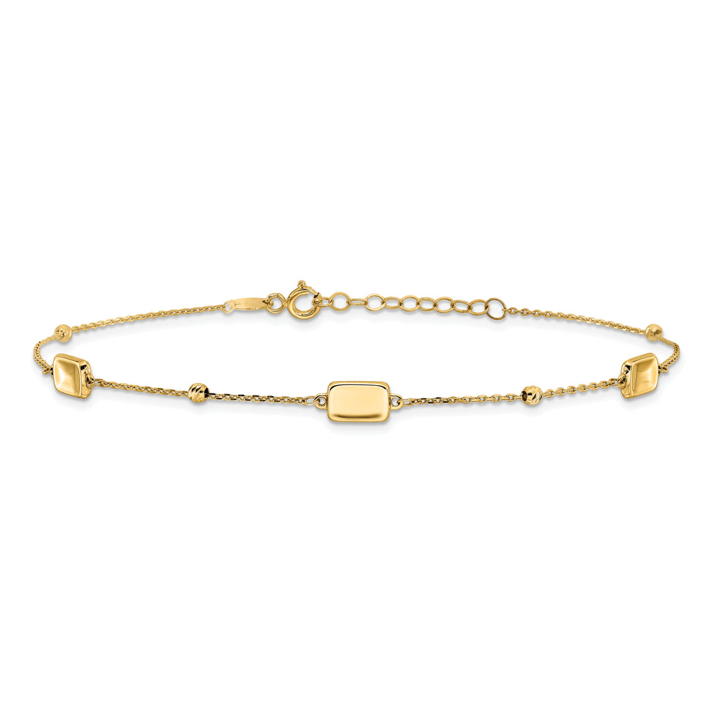 14K Rectangle and Diamond-cut Bead 9 inch Plus 1 inch Extender - Total 10 inch Anklet