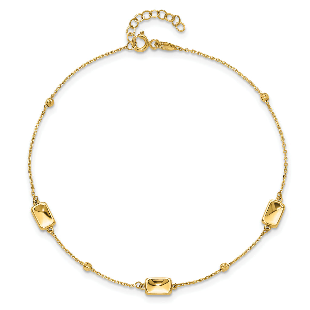 14K Rectangle and Diamond-cut Bead 9 inch Plus 1 inch Extender - Total 10 inch Anklet