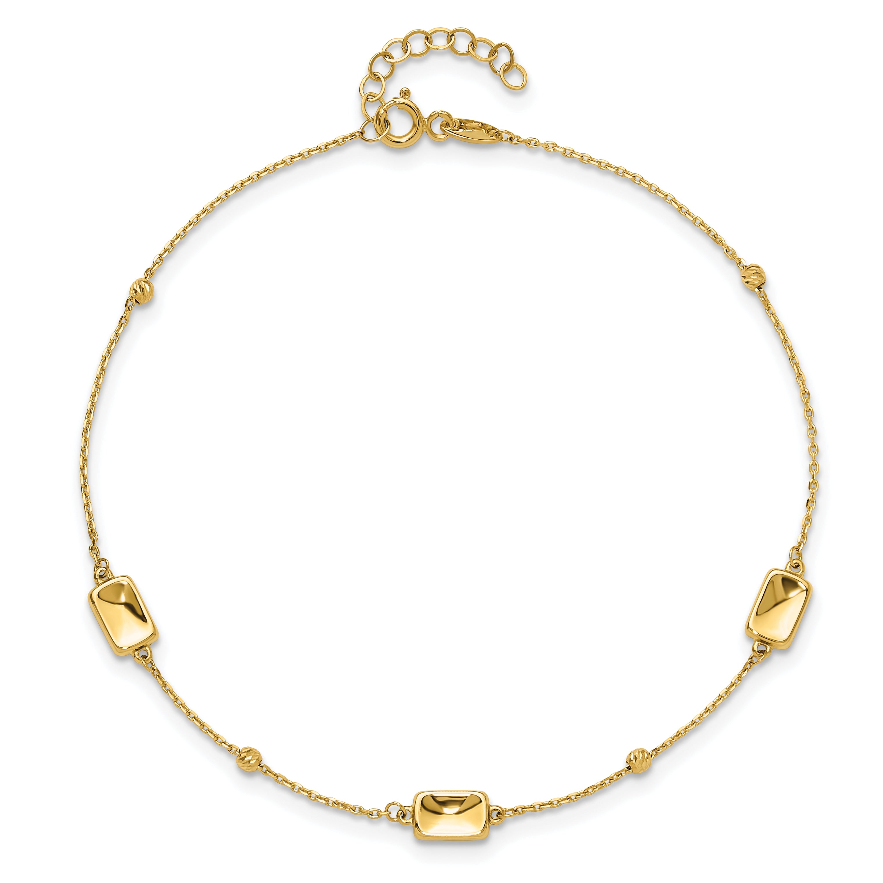 14K Rectangle and Diamond-cut Bead 9 inch Plus 1 inch Extender - Total 10 inch Anklet