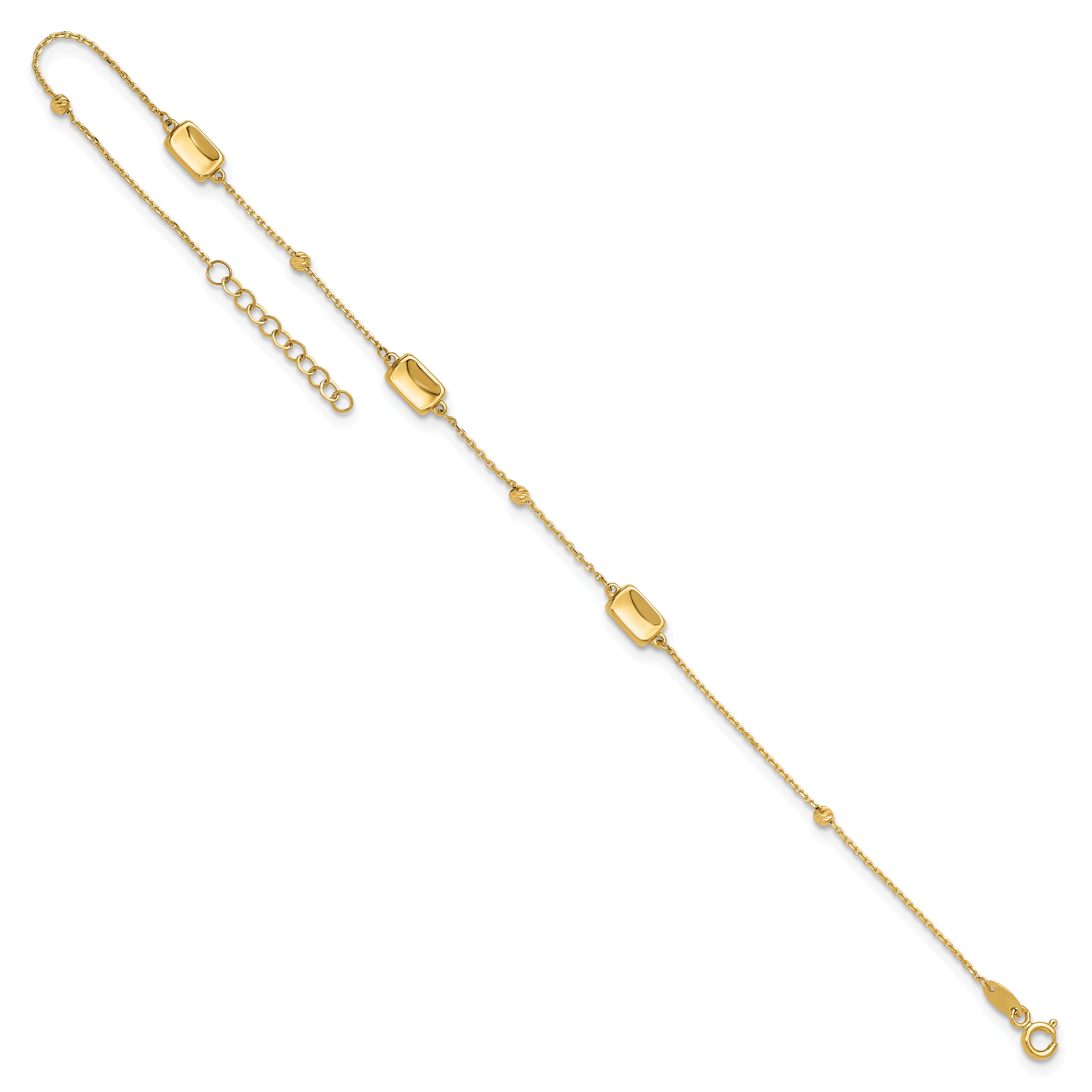 14K Rectangle and Diamond-cut Bead 9 inch Plus 1 inch Extender - Total 10 inch Anklet