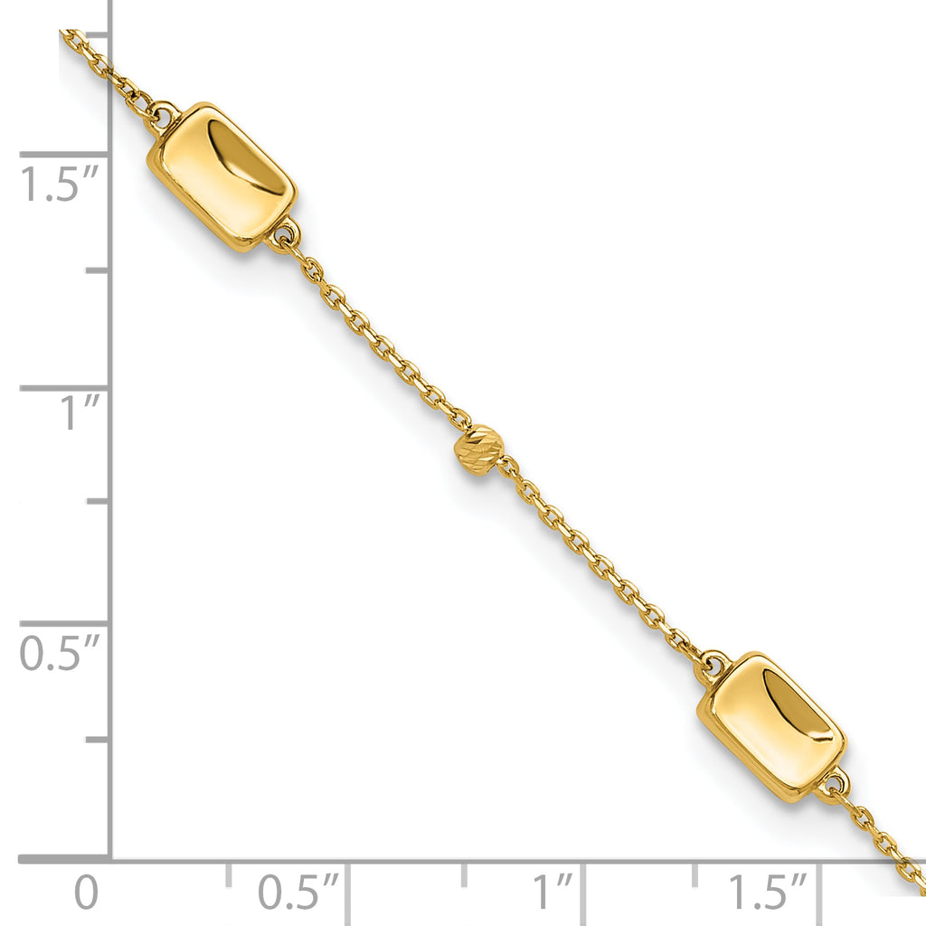 14K Rectangle and Diamond-cut Bead 9 inch Plus 1 inch Extender - Total 10 inch Anklet