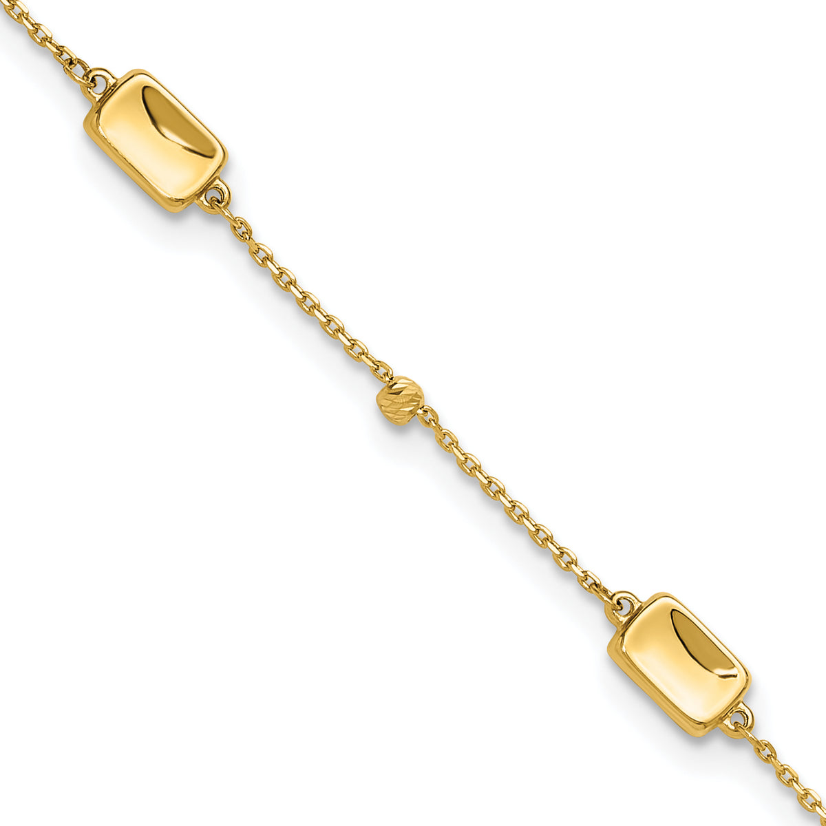 14K Rectangle and Diamond-cut Bead 9 inch Plus 1 inch Extender - Total 10 inch Anklet