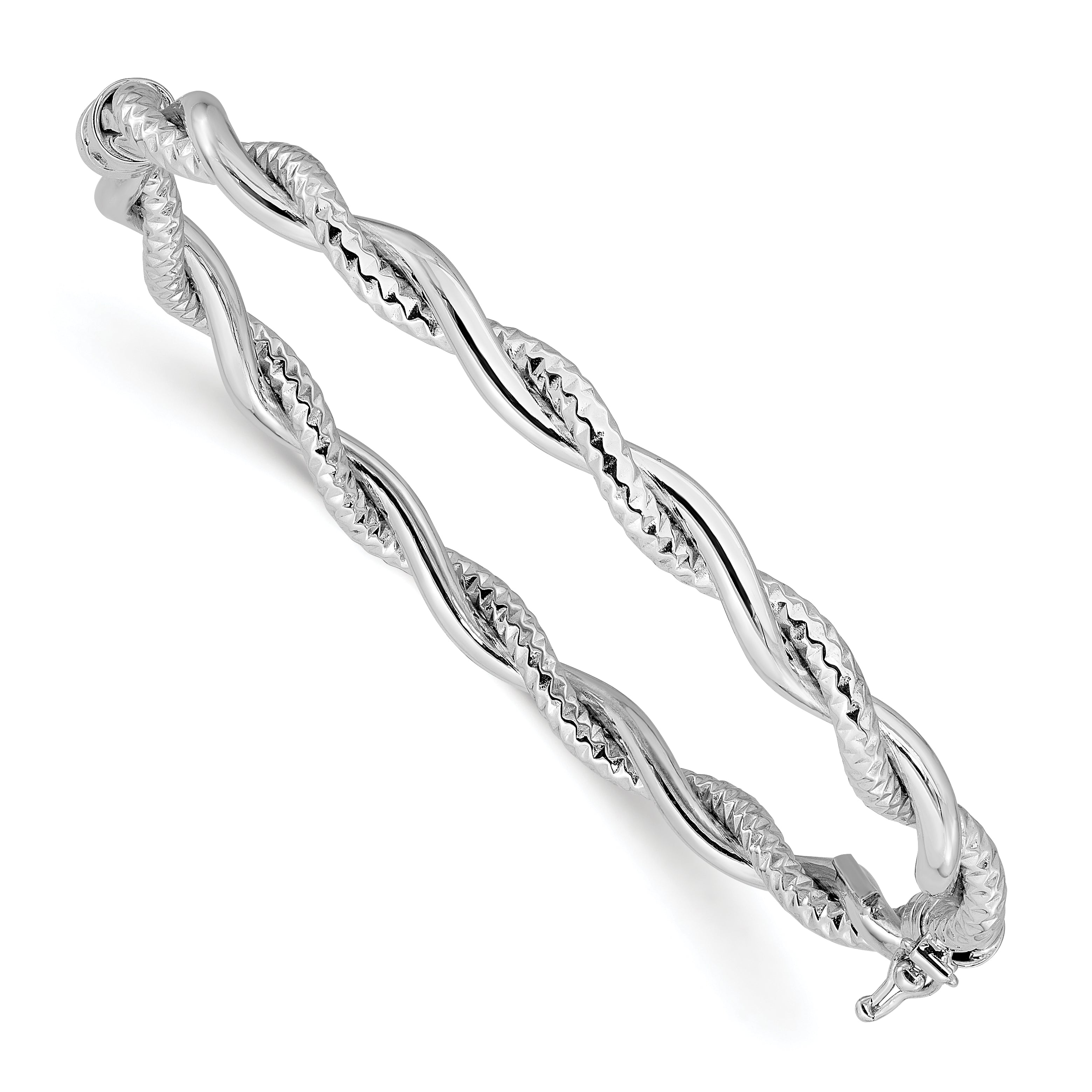 14K White Gold Polished and Textured Twisted Hinged Bangle Main image