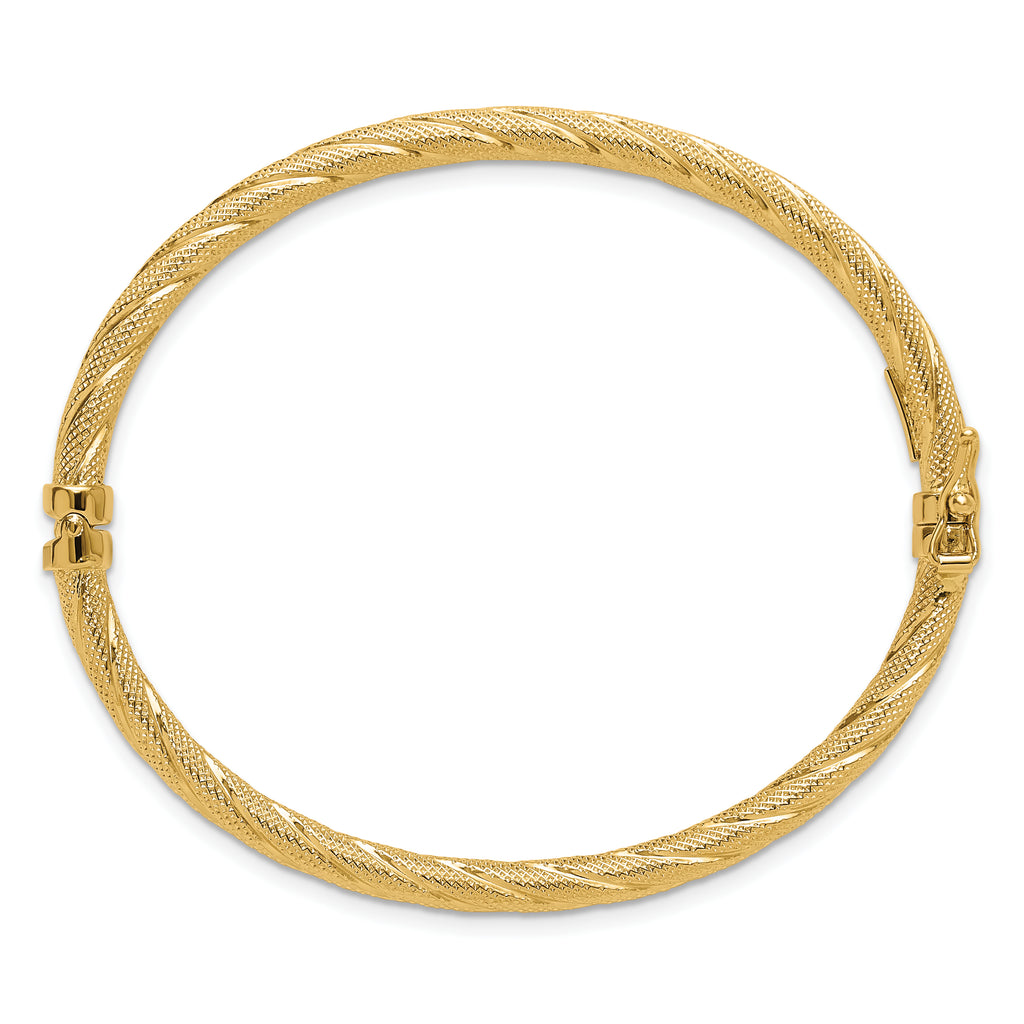 14K Polished and Textured Twisted Hinged Bangle