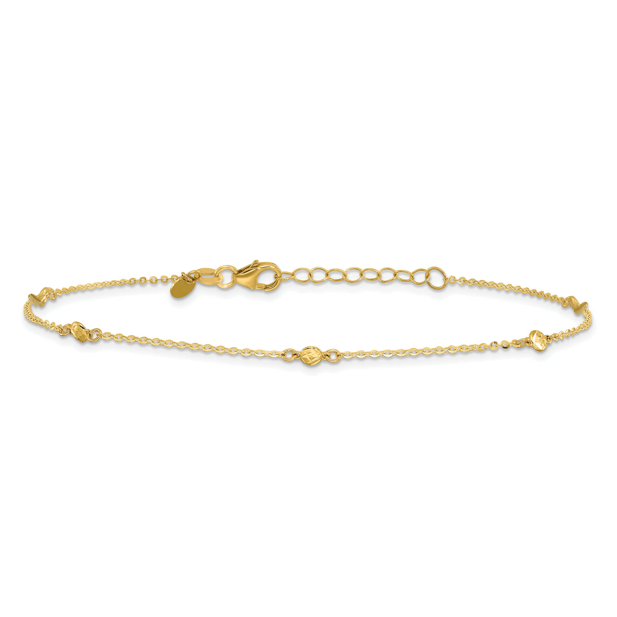 14k Diamond-cut Bead 5-Station 9 inch Plus 1 inch Extender - Total 10 inch Anklet
