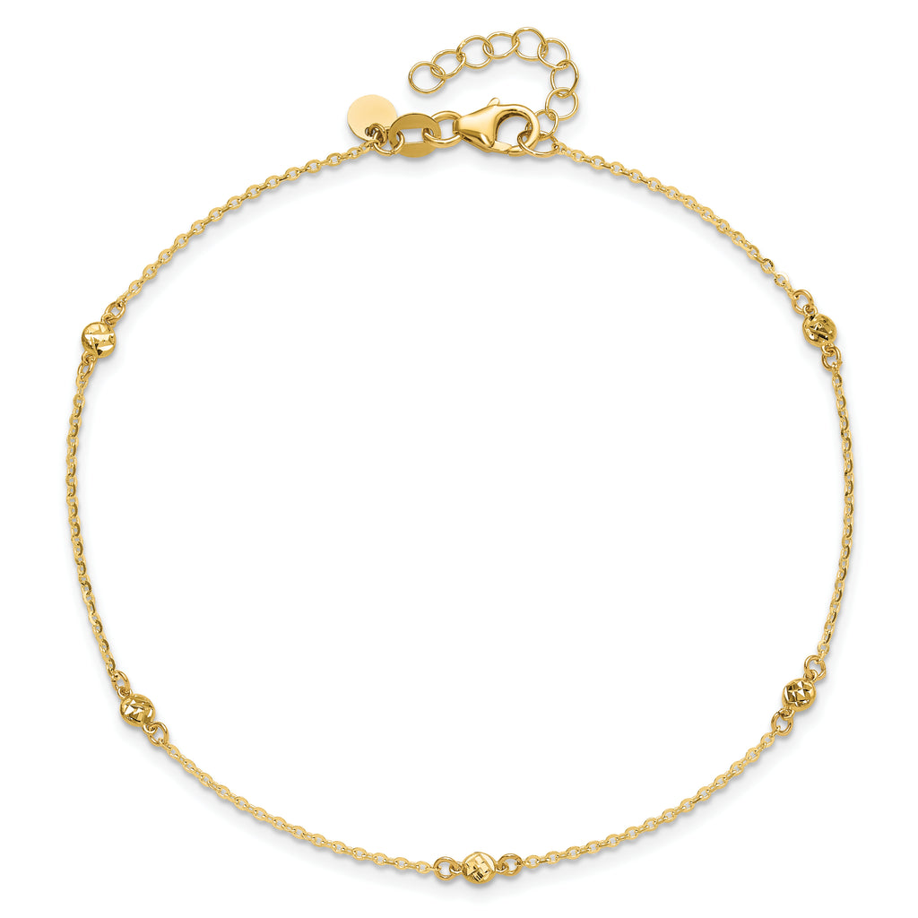 14k Diamond-cut Bead 5-Station 9 inch Plus 1 inch Extender - Total 10 inch Anklet