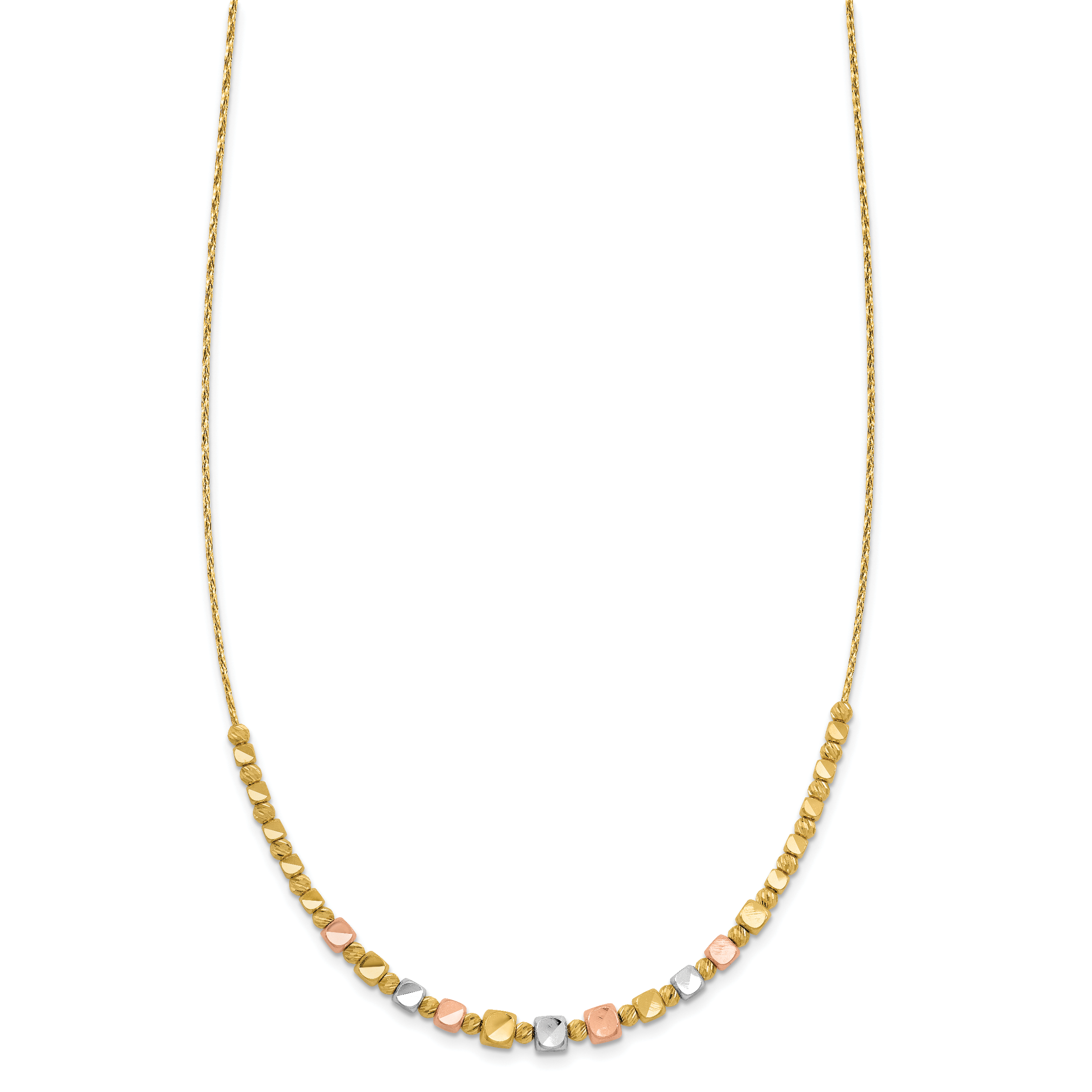 14K Tri-color Polished / DC Square Beads w/1in ext. Necklace Secondary image
