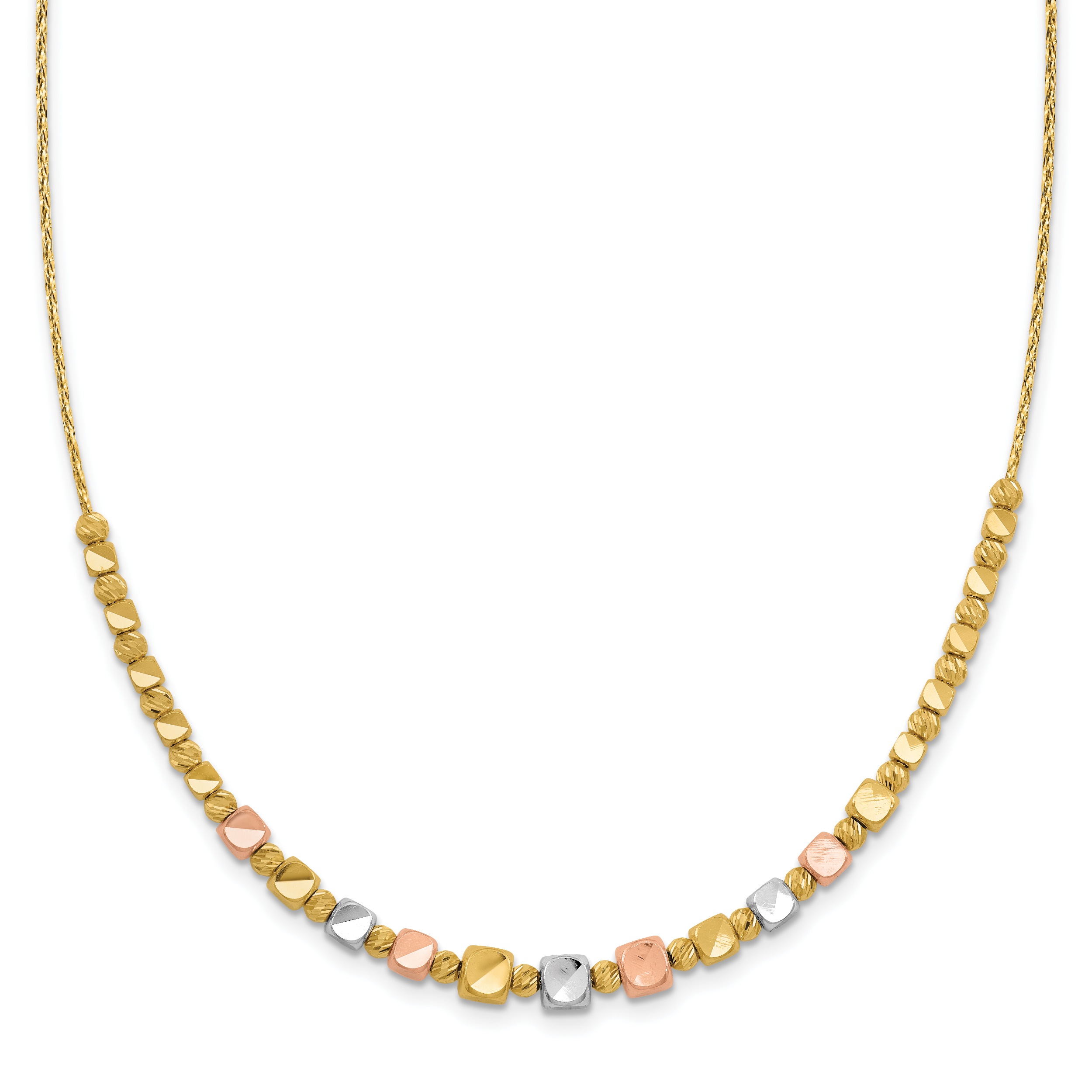 14K Tri-color Polished / DC Square Beads w/1in ext. Necklace Main image