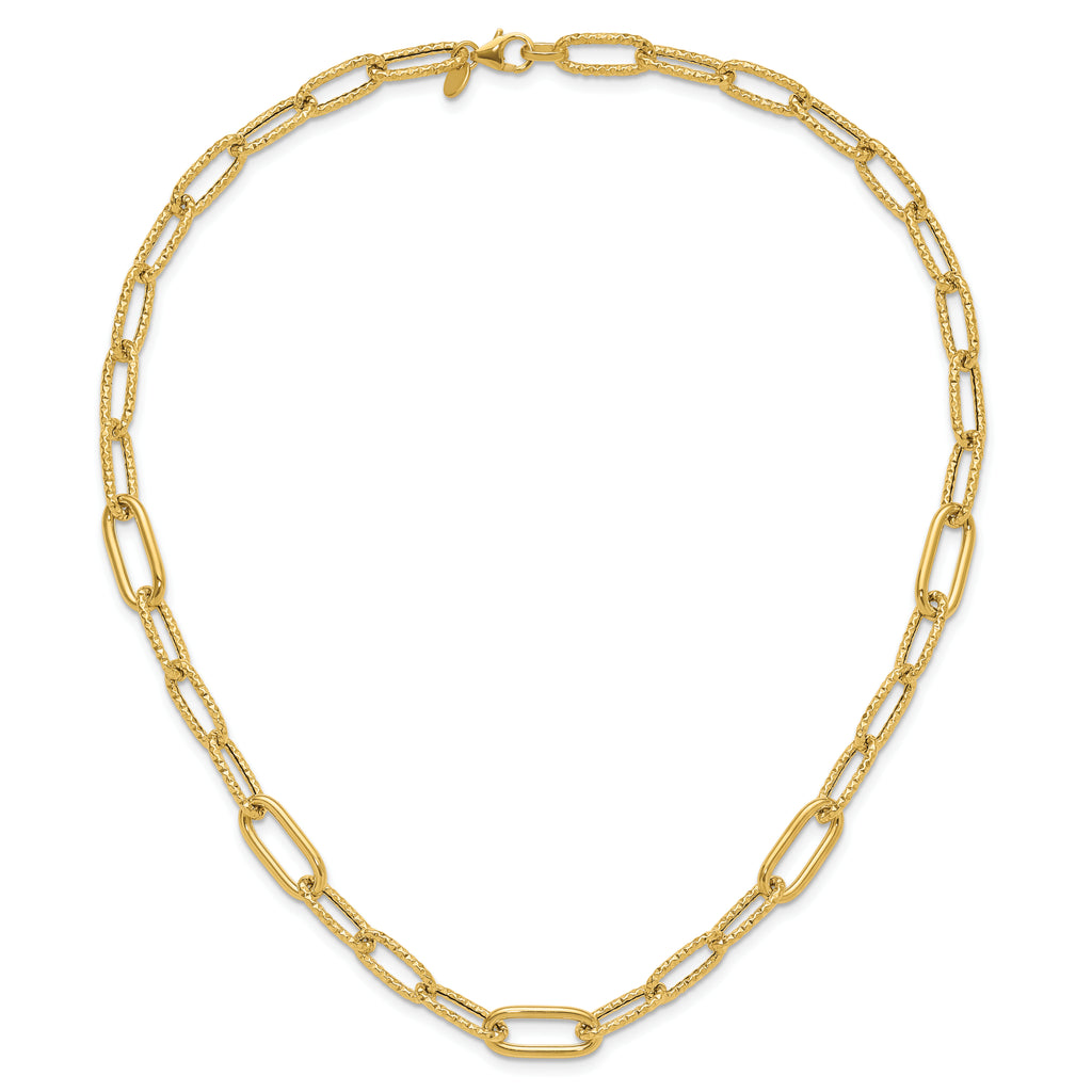 14K Polished and Textured Fancy Paperclip Link Necklace