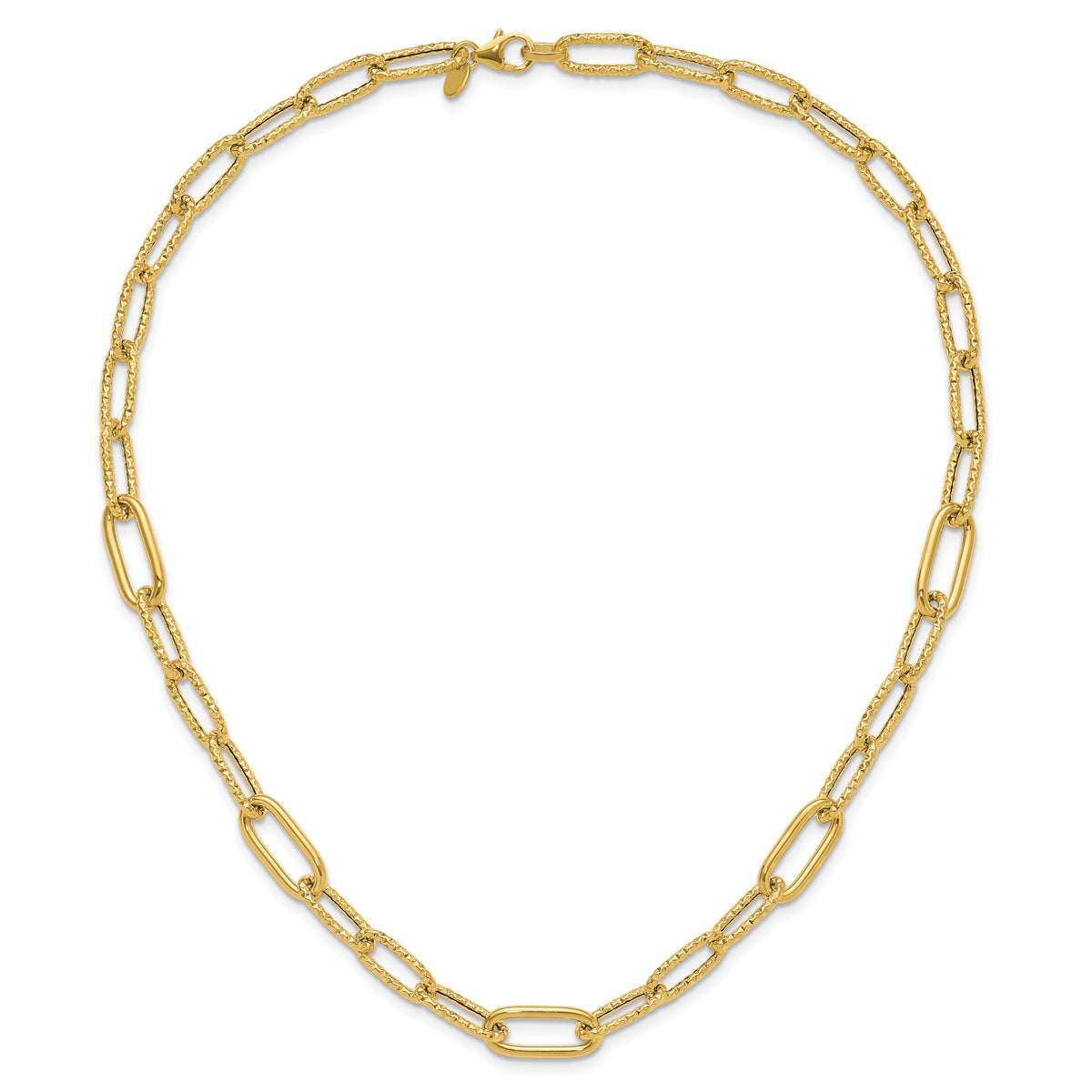 14K Polished and Textured Fancy Paperclip Link Necklace