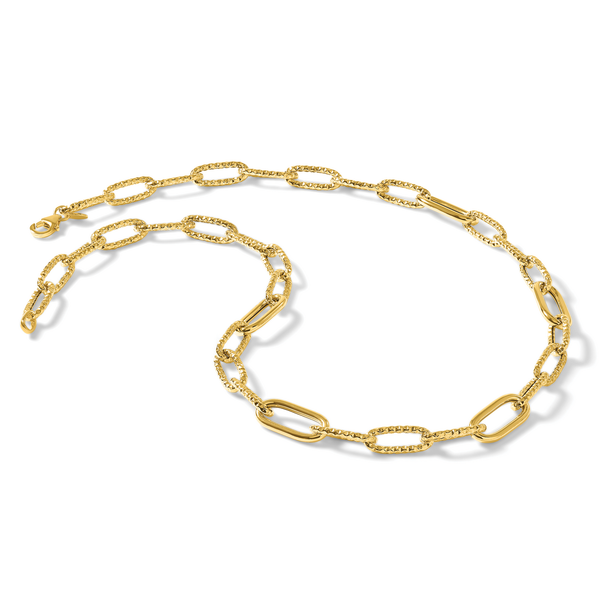 14K Polished and Textured Fancy Paperclip Link Necklace