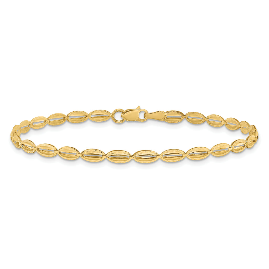 14K Polished and Textured Fancy Oval Link Bracelet