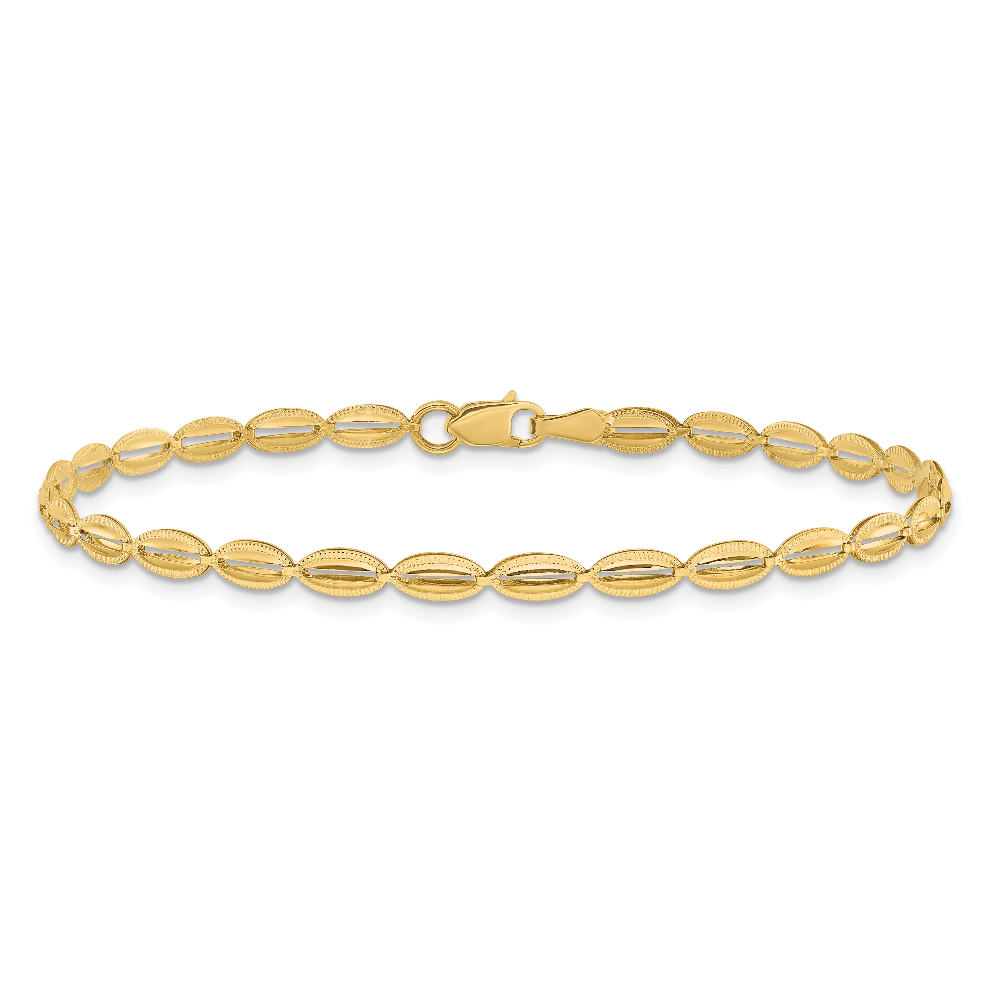 14K Polished and Textured Fancy Oval Link Bracelet
