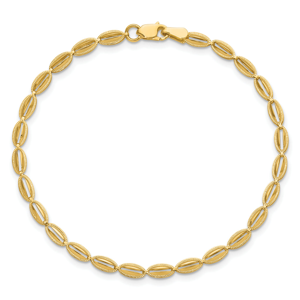 14K Polished and Textured Fancy Oval Link Bracelet