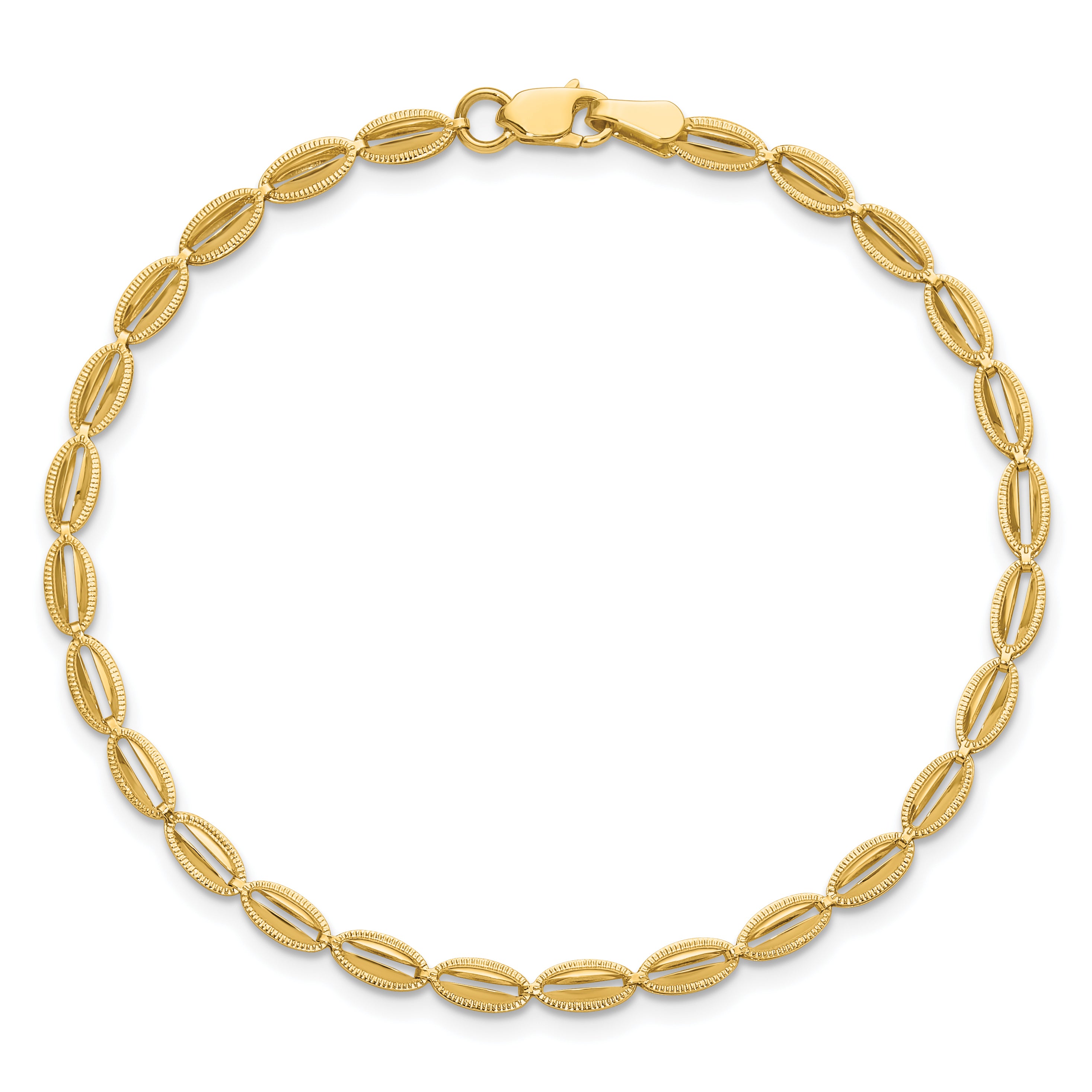 14K Polished and Textured Fancy Oval Link Bracelet