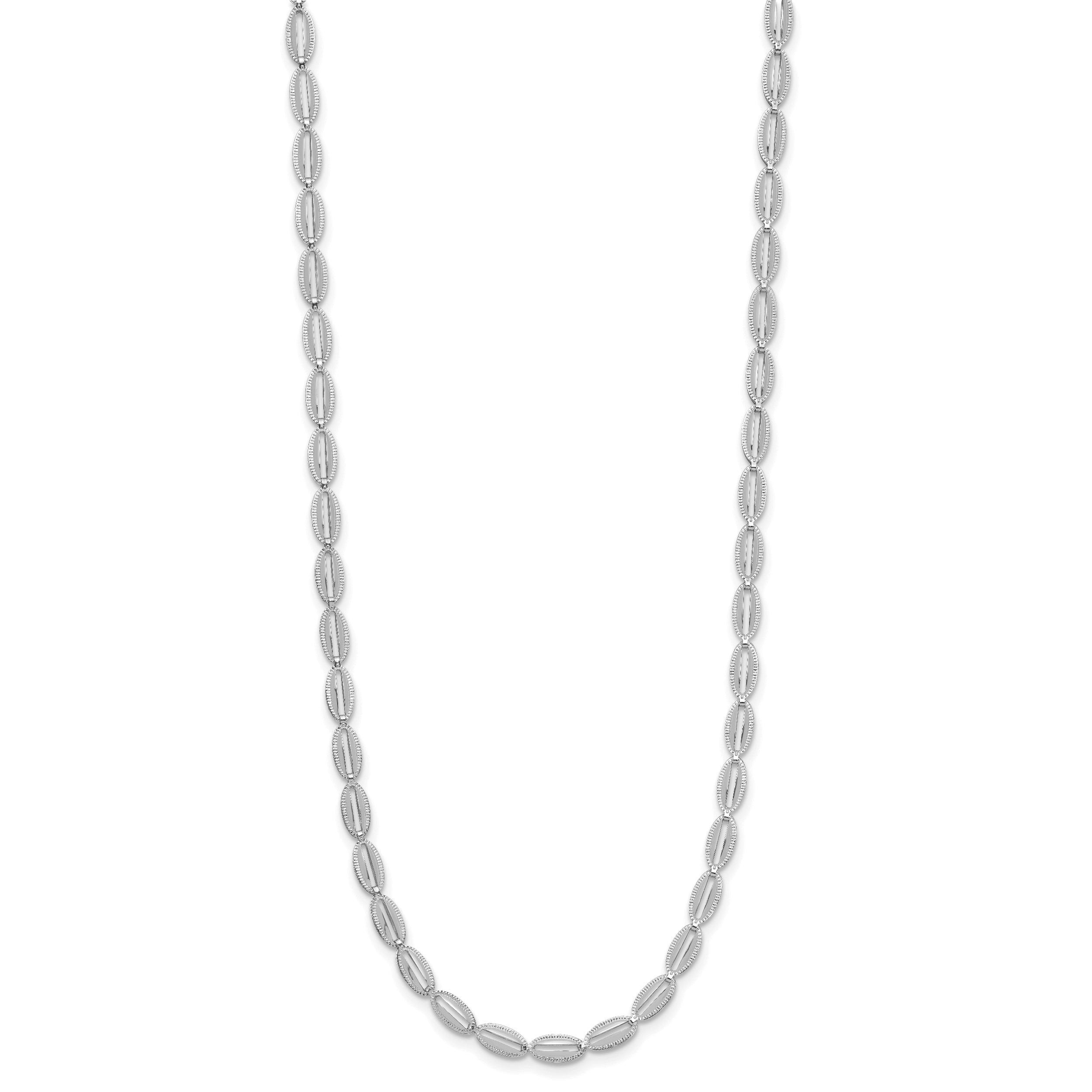 14K White Gold Polished/Textured Fancy Oval Link Necklace