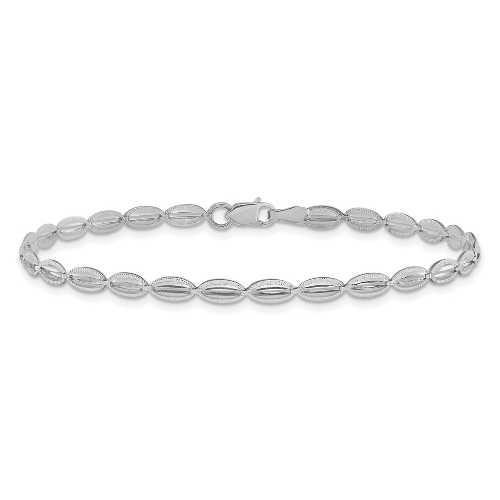 14K White Gold Polished / Textured Fancy Oval Link Bracelet