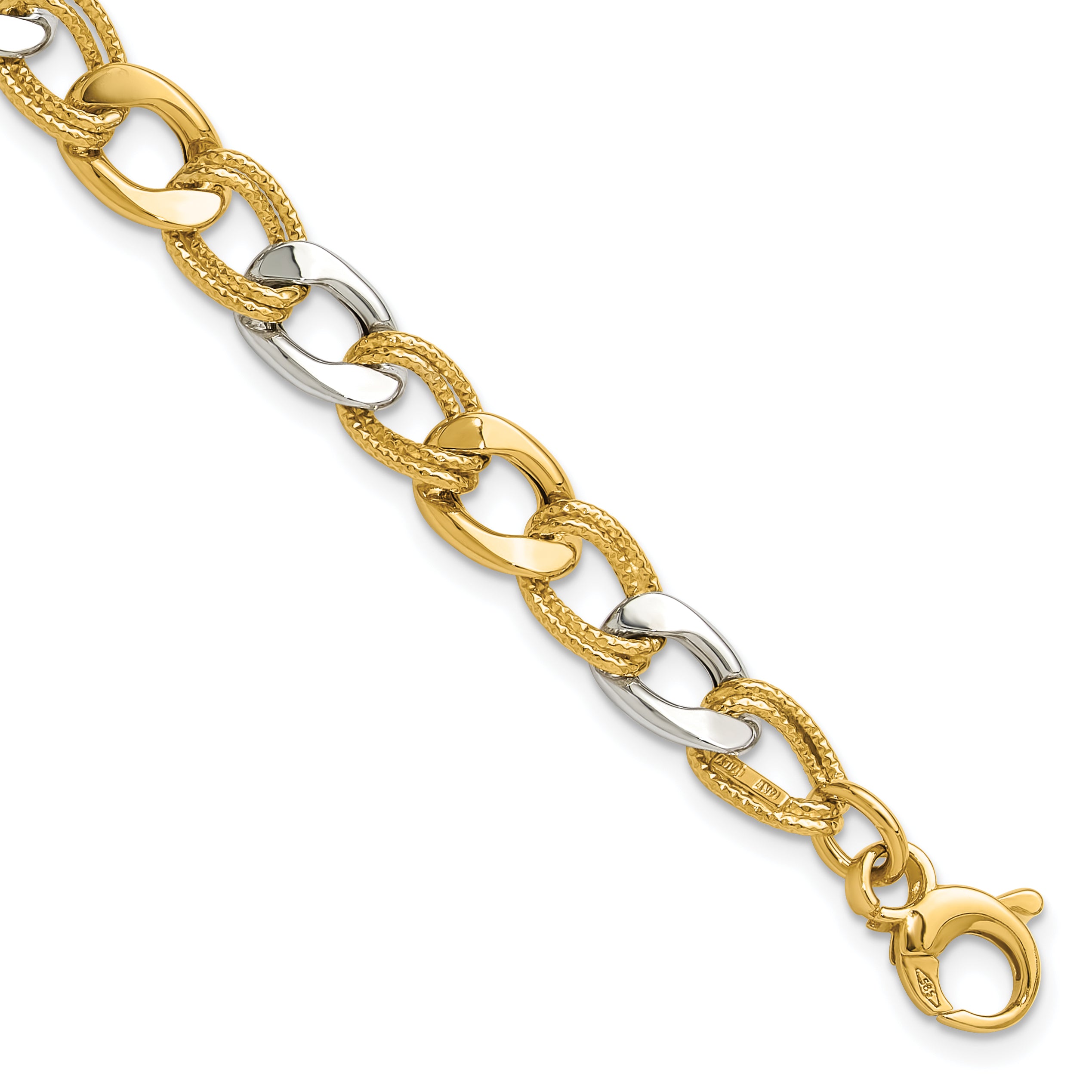 14K Two-tone Polished and Textured Fancy Link Bracelet