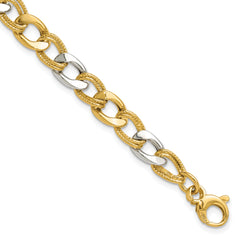 14K Two-tone Polished and Textured Fancy Link Bracelet