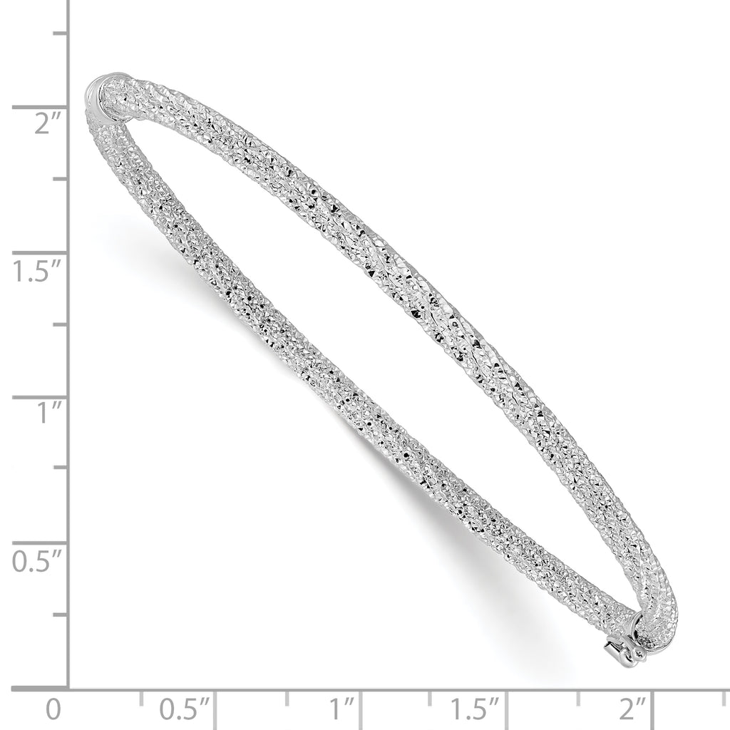 14K w/RH-plat Polish/Texture/Dia-cut Twist Hinged Bangle