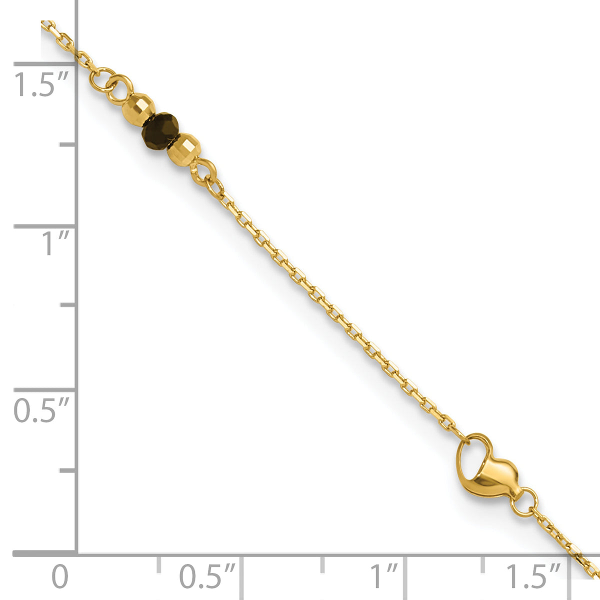 14K Heart and Lab Created Onyx  9 inch Plus 1 inch Extender - Total 10 inch Anklet