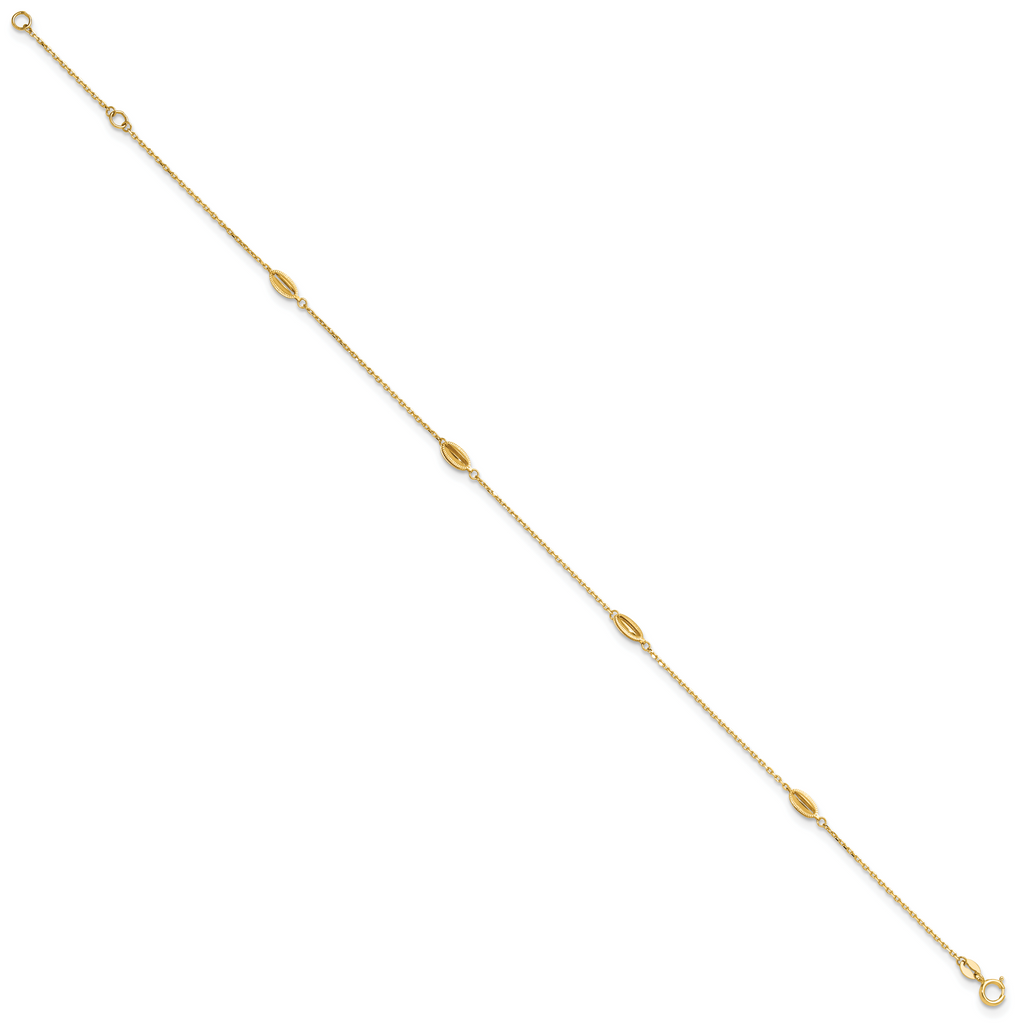 14K Oval Bead 4-Station 9 inch Plus 1 inch Extender - Total 10 inch Anklet