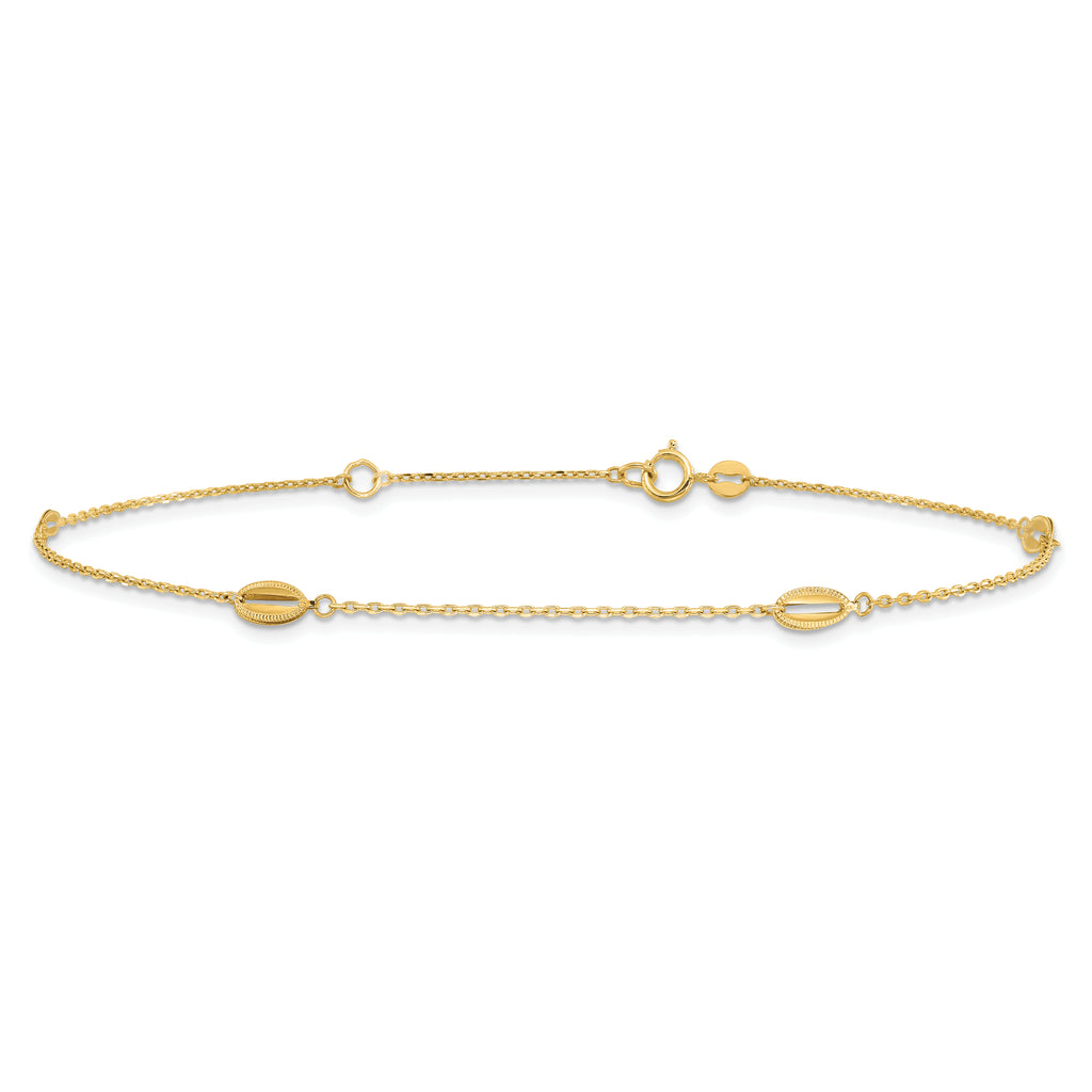 14K Oval Bead 4-Station 9 inch Plus 1 inch Extender - Total 10 inch Anklet