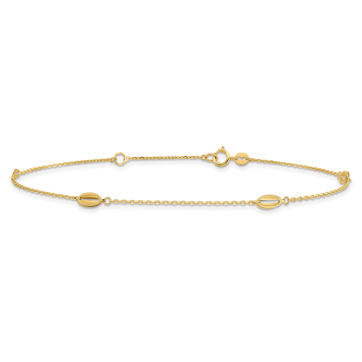 14K Oval Bead 4-Station 9 inch Plus 1 inch Extender - Total 10 inch Anklet