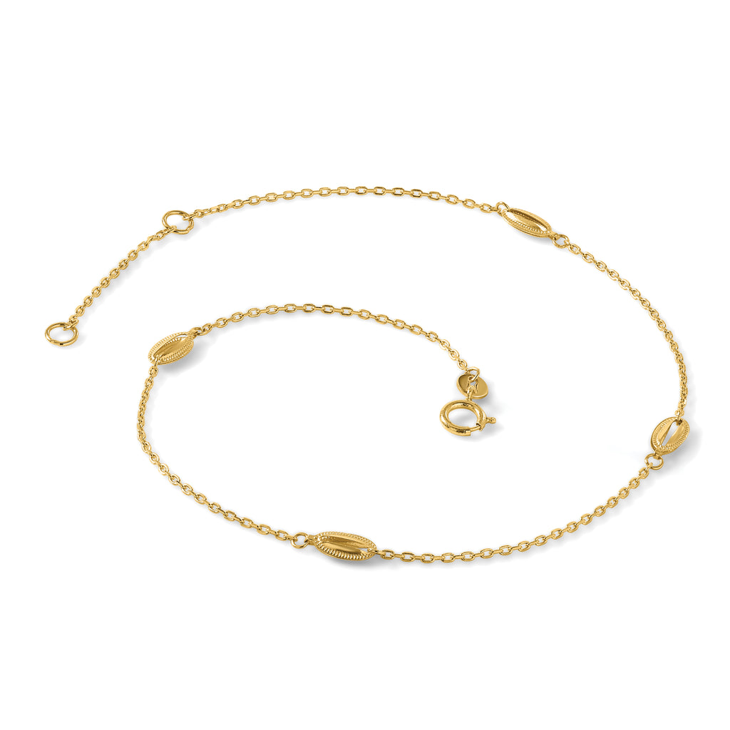 14K Oval Bead 4-Station 9 inch Plus 1 inch Extender - Total 10 inch Anklet