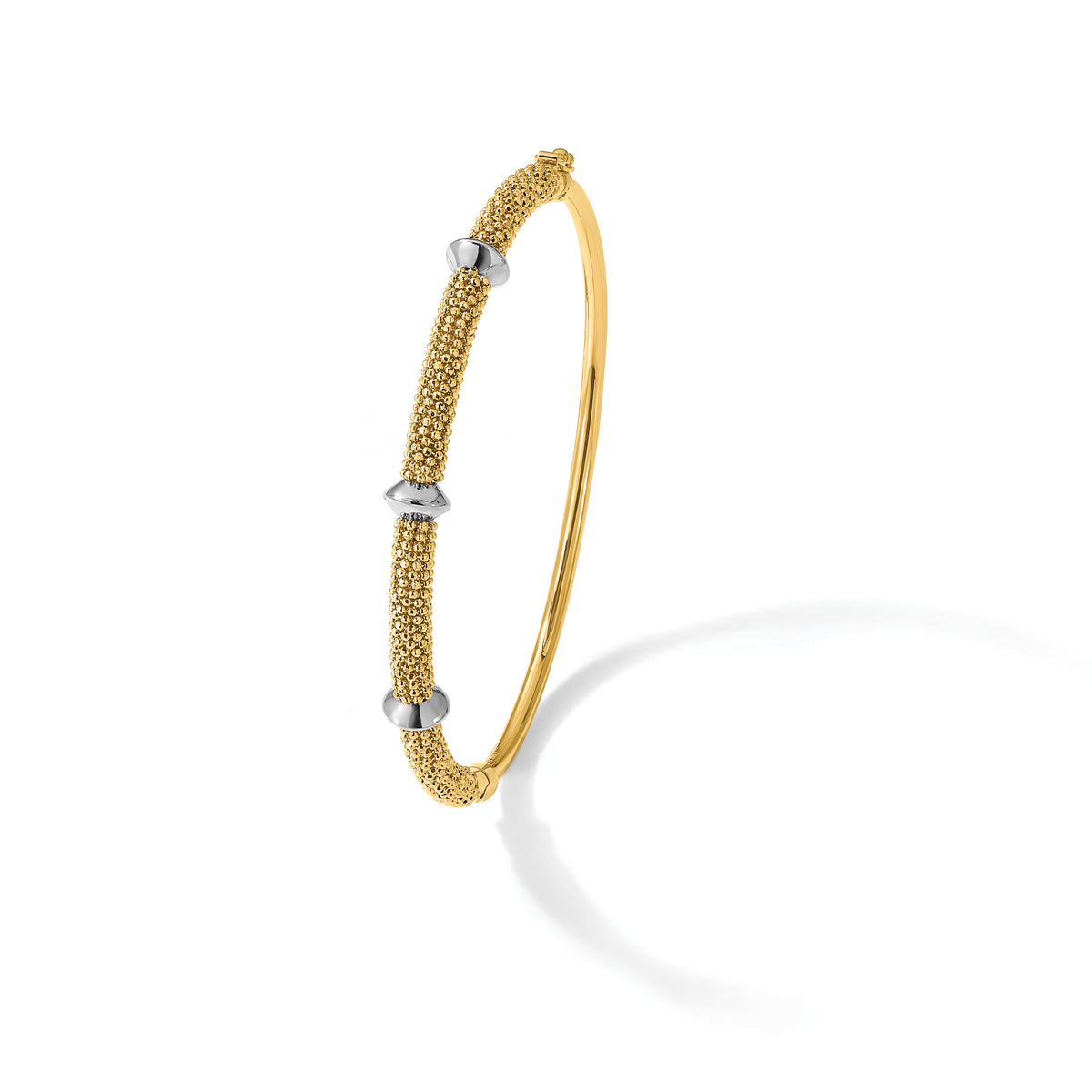 14K Two-tone Polished and Textured Hinged Bangle