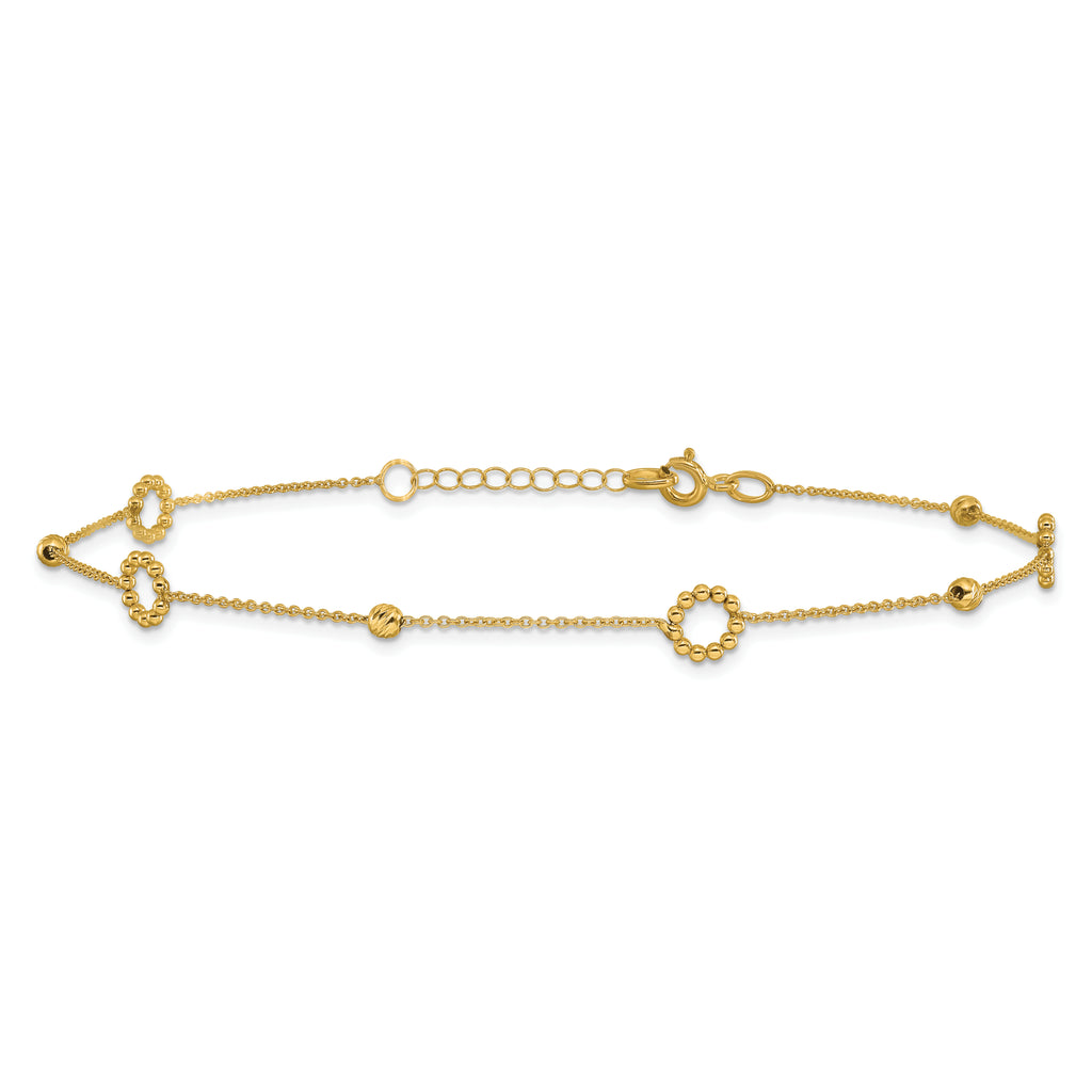 14K Circle and Diamond-cut Bead 10 inch Plus 1 inch Extender - Total 11 inch Anklet