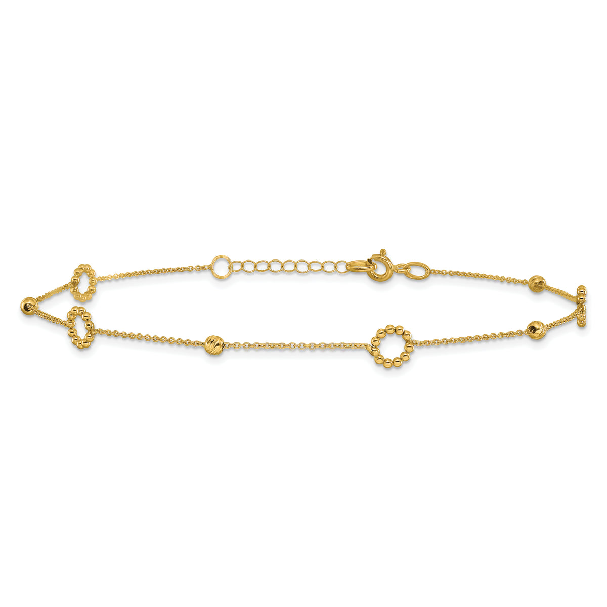 14K Circle and Diamond-cut Bead 10 inch Plus 1 inch Extender - Total 11 inch Anklet
