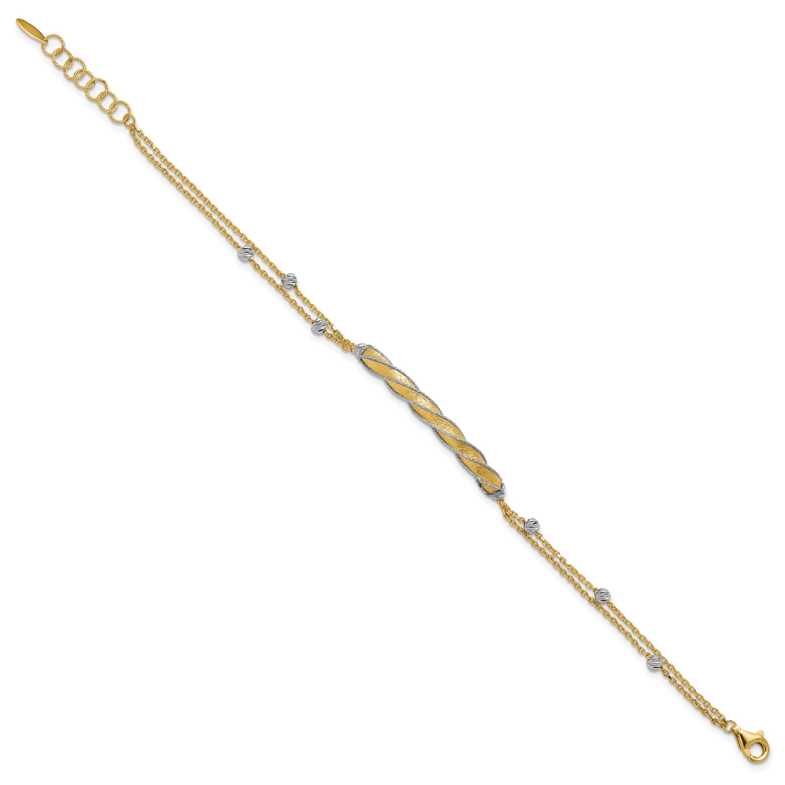 14K Two-tone Polish/Satin/Dia-cut Fancy Bar w/1in ext. Bracelet