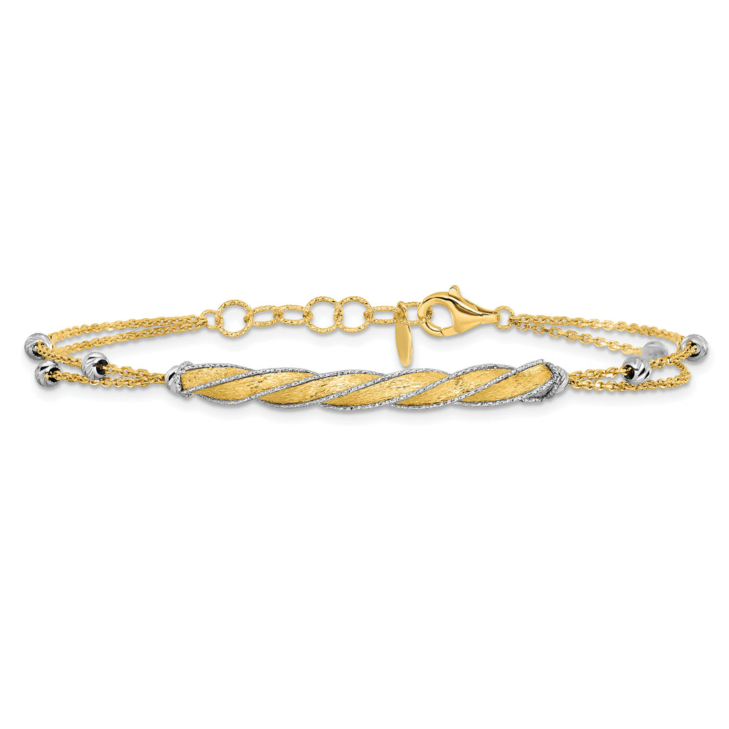 14K Two-tone Polish/Satin/Dia-cut Fancy Bar w/1in ext. Bracelet
