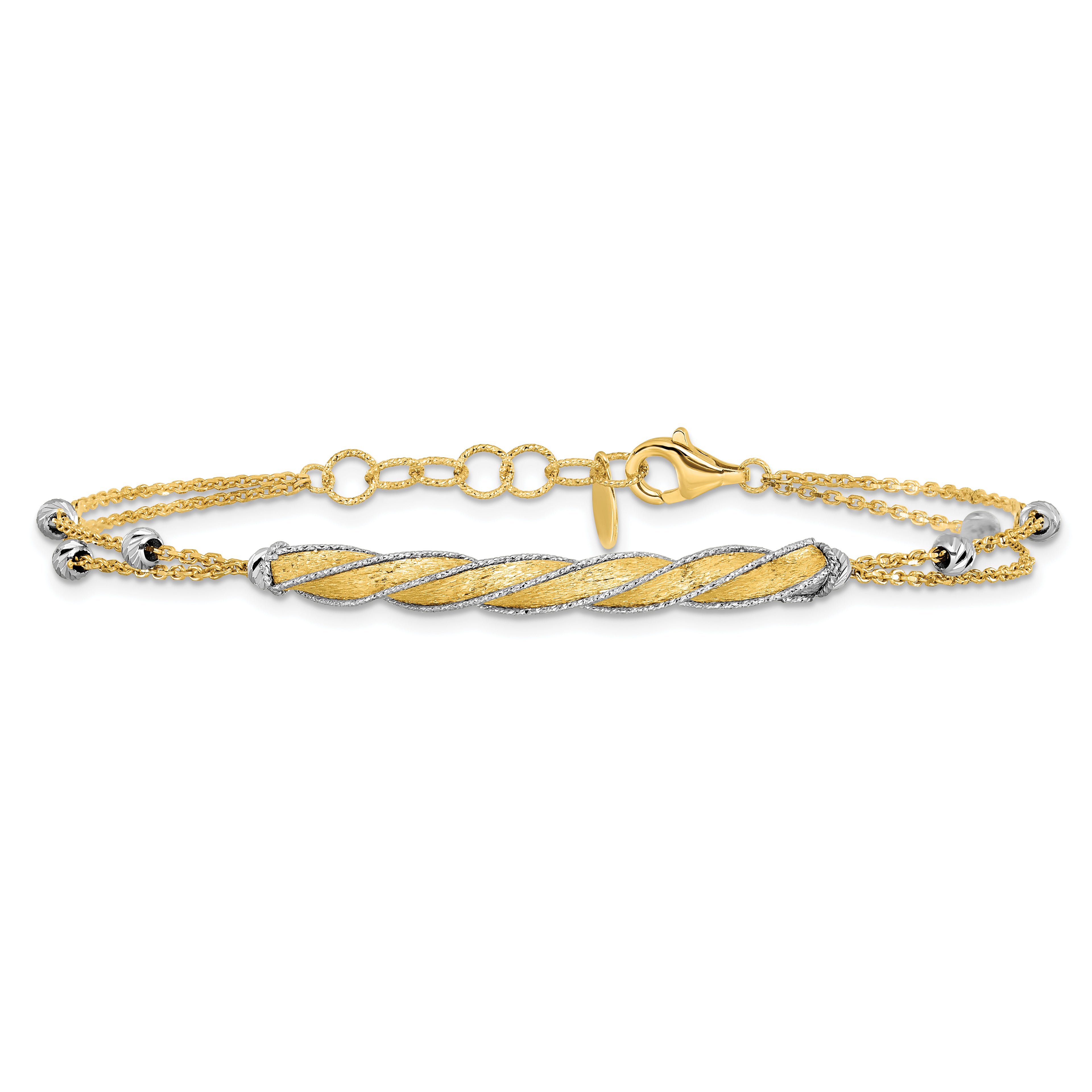 14K Two-tone Polish/Satin/Dia-cut Fancy Bar w/1in ext. Bracelet