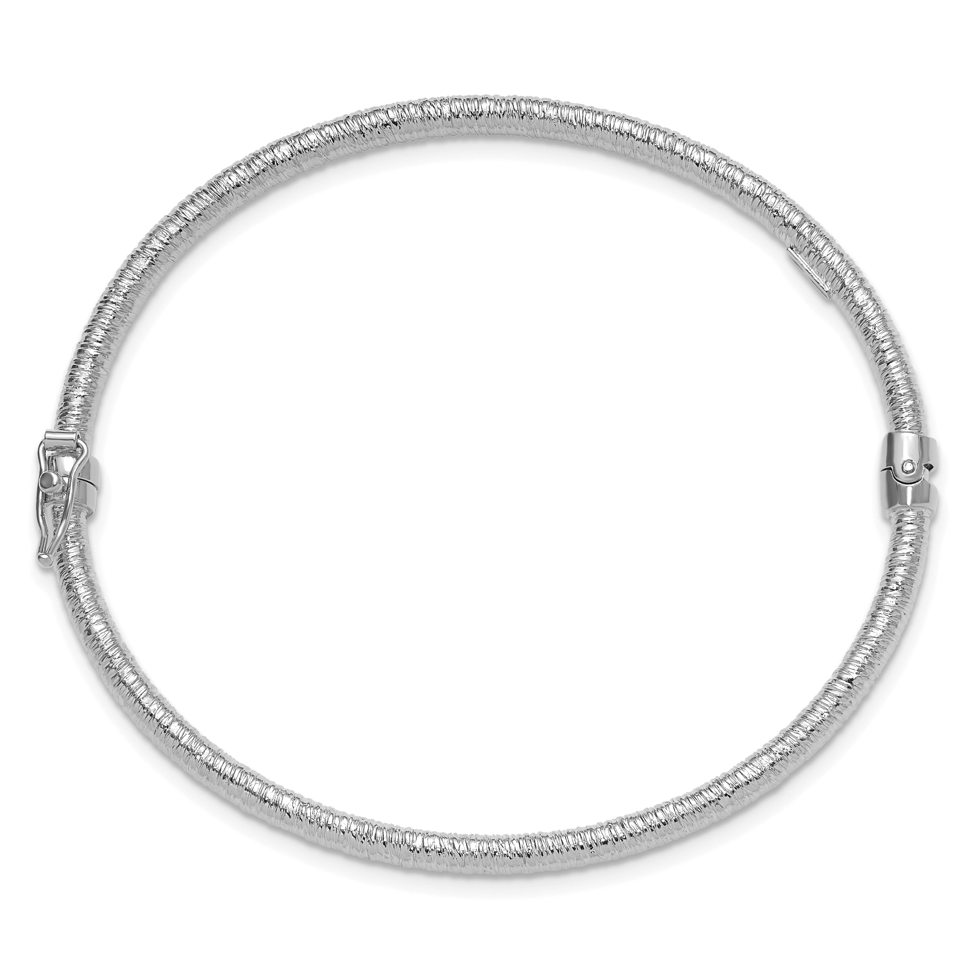 14K w/White RH-plating Polished / Textured Hinged Bangle