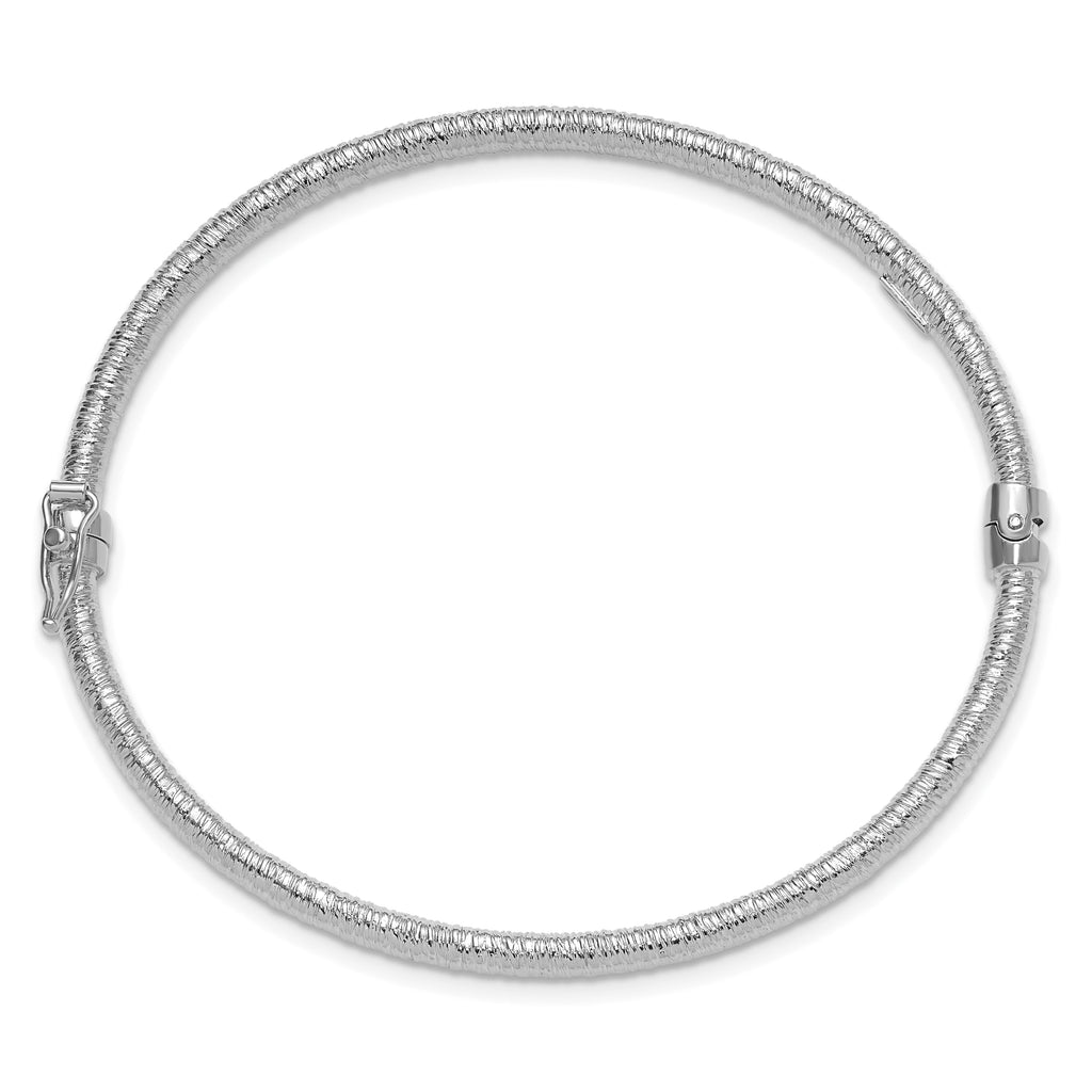 14K w/White RH-plating Polished / Textured Hinged Bangle