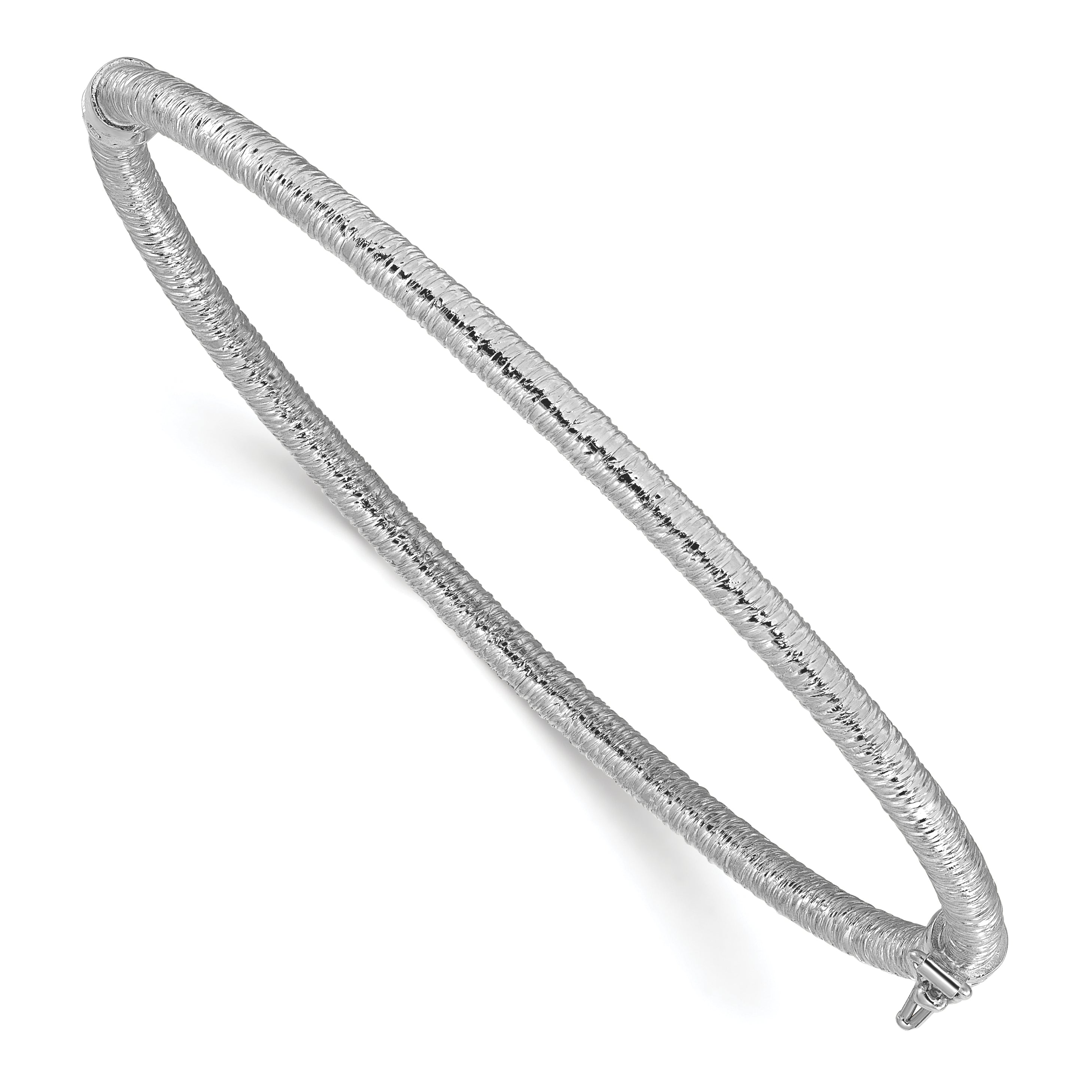 14K w/White RH-plating Polished / Textured Hinged Bangle Main image
