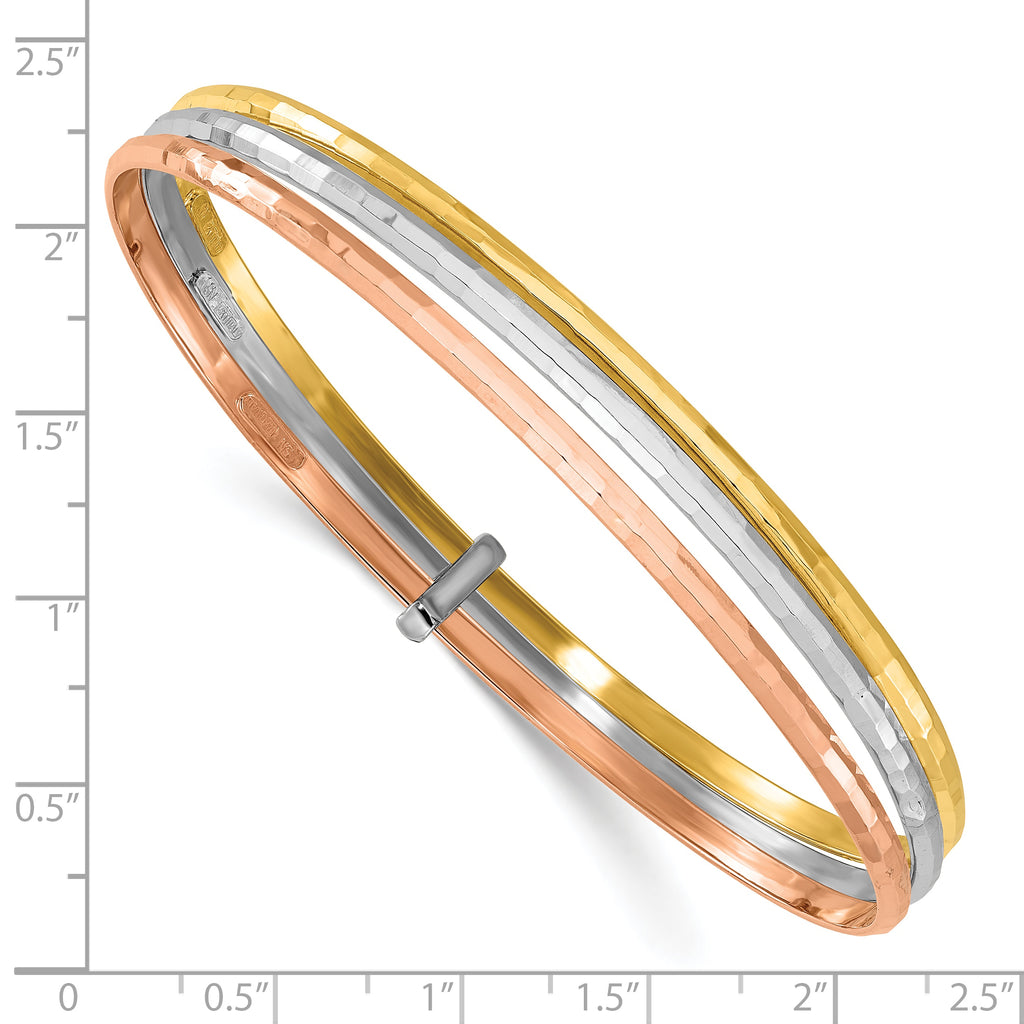 14K w/Wht and Rose Rhodium  Polished 3-row Slip-on Bangle