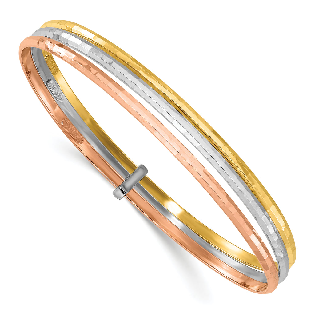 14K w/Wht and Rose Rhodium  Polished 3-row Slip-on Bangle