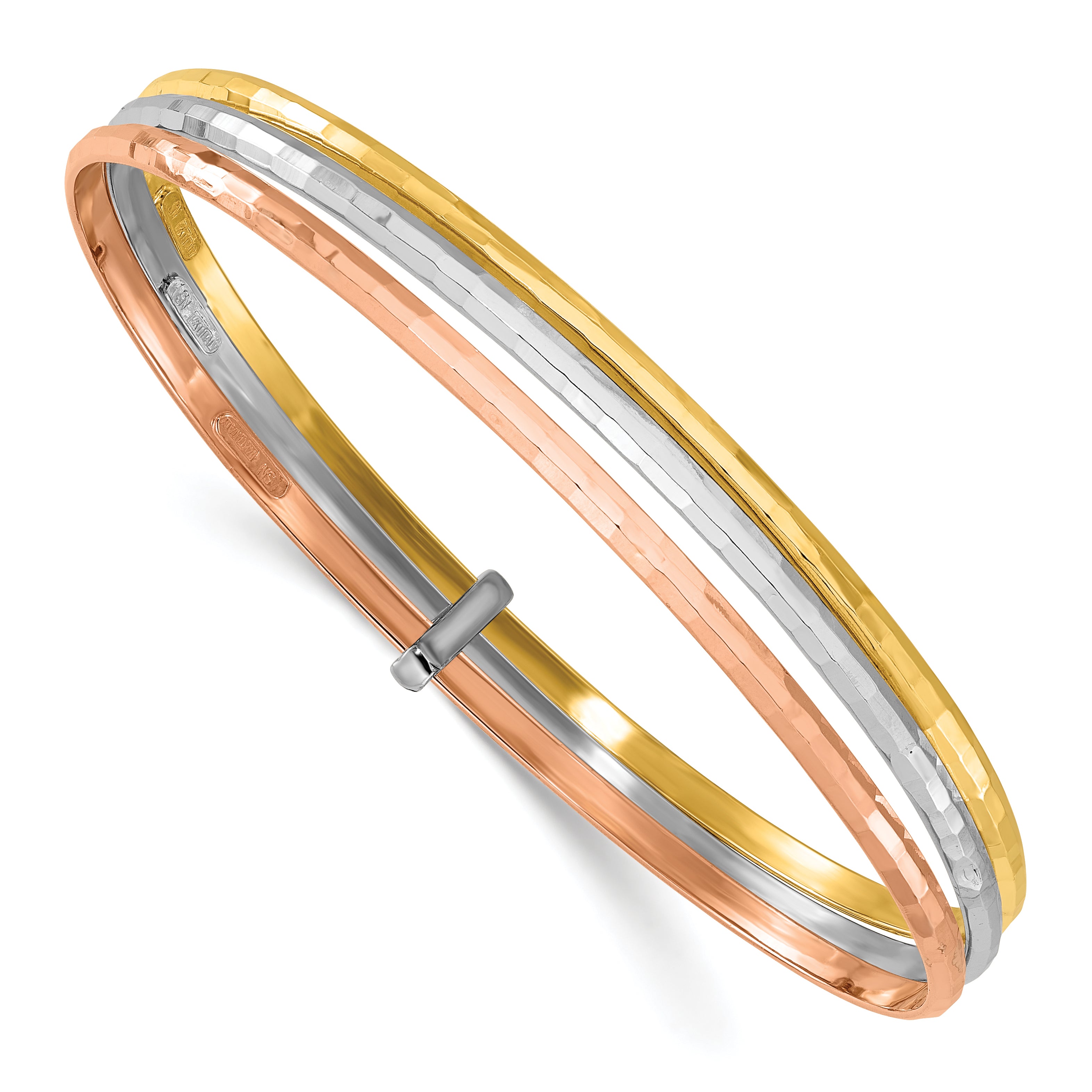 14K w/Wht and Rose Rhodium  Polished 3-row Slip-on Bangle