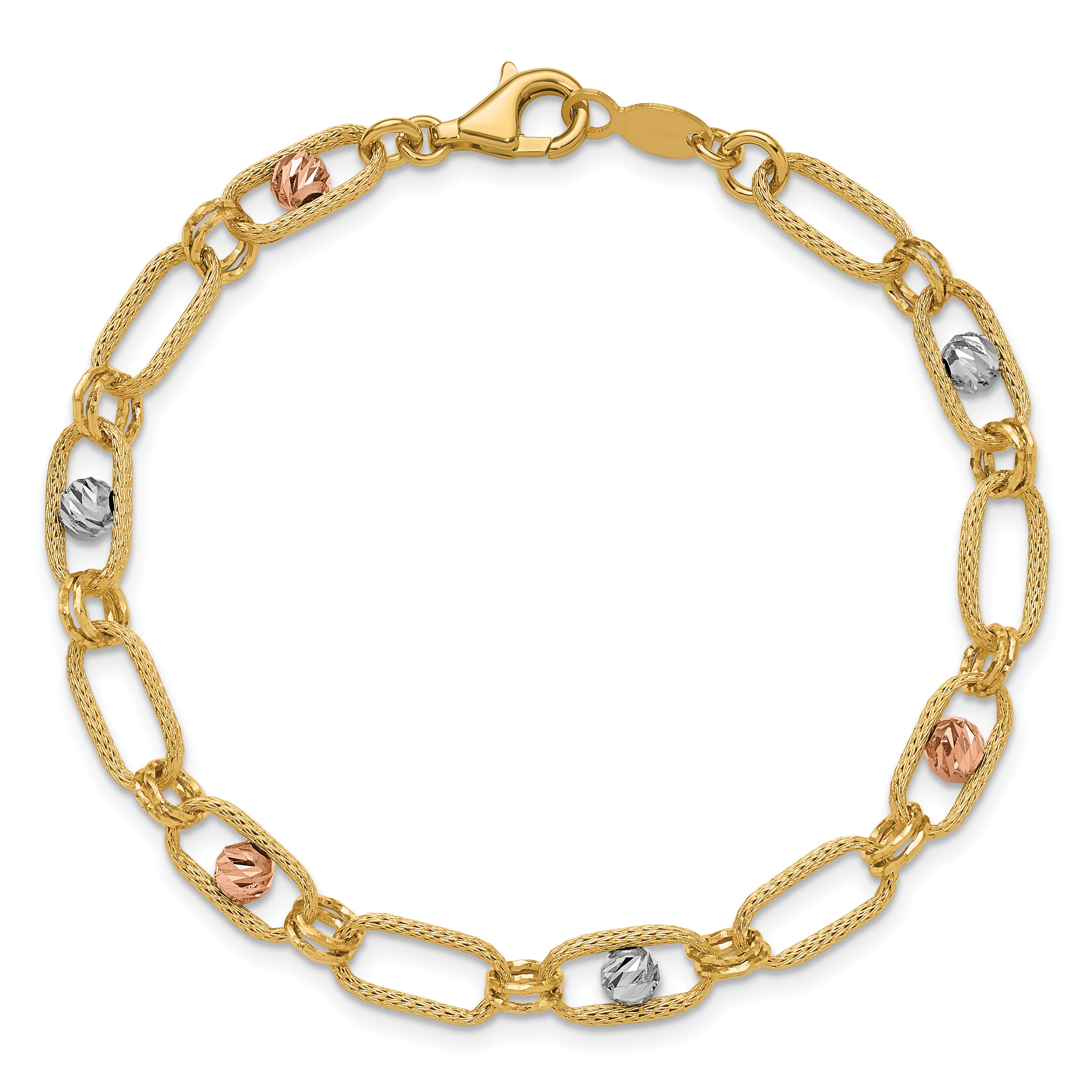 14K Tri-color Polished/Textured/Dia-cut Fancy Link Bracelet