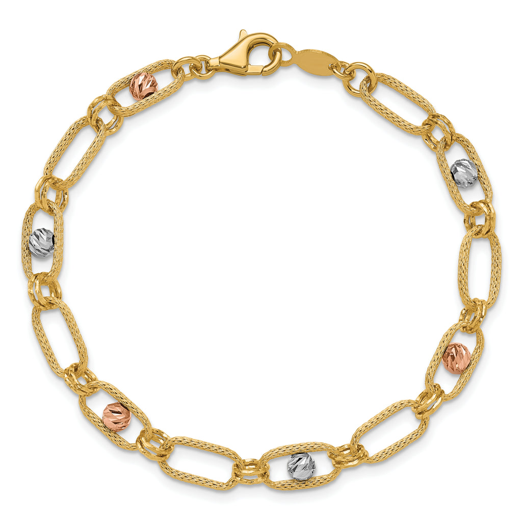 14K Tri-color Polished/Textured/Dia-cut Fancy Link Bracelet