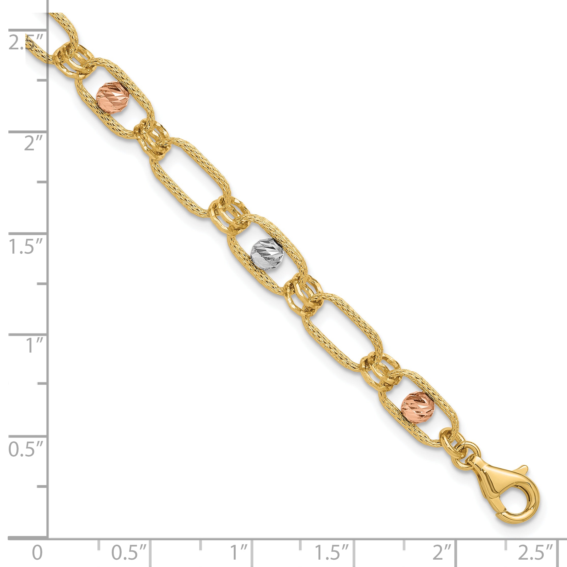 14K Tri-color Polished/Textured/Dia-cut Fancy Link Bracelet