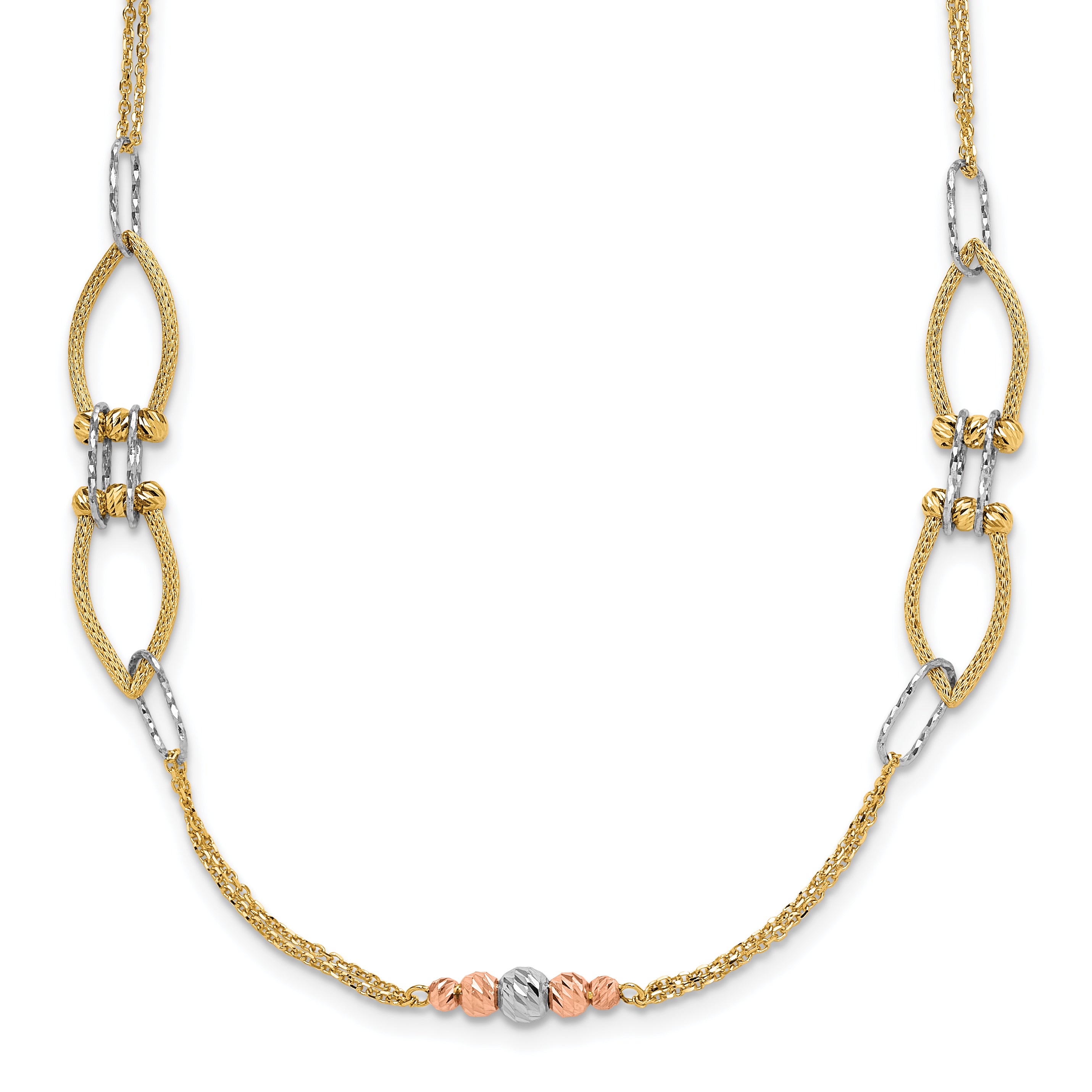 14K Tri-color Polish/Textured/Dia-cut Fancy w/1.5in ext. Necklace